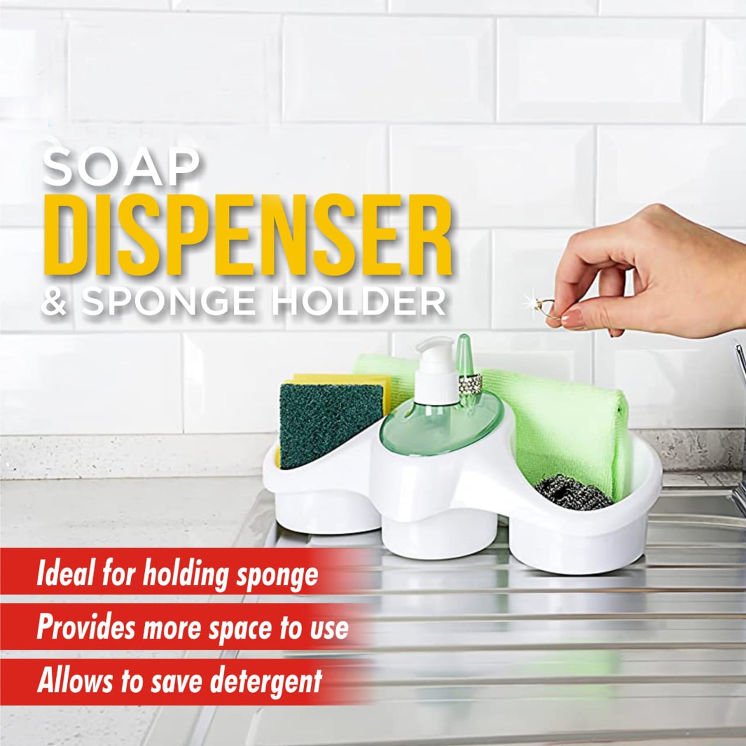 Zidello 3-in-1 kitchen soap dispenser and sponge holder for efficient, tidy washing up