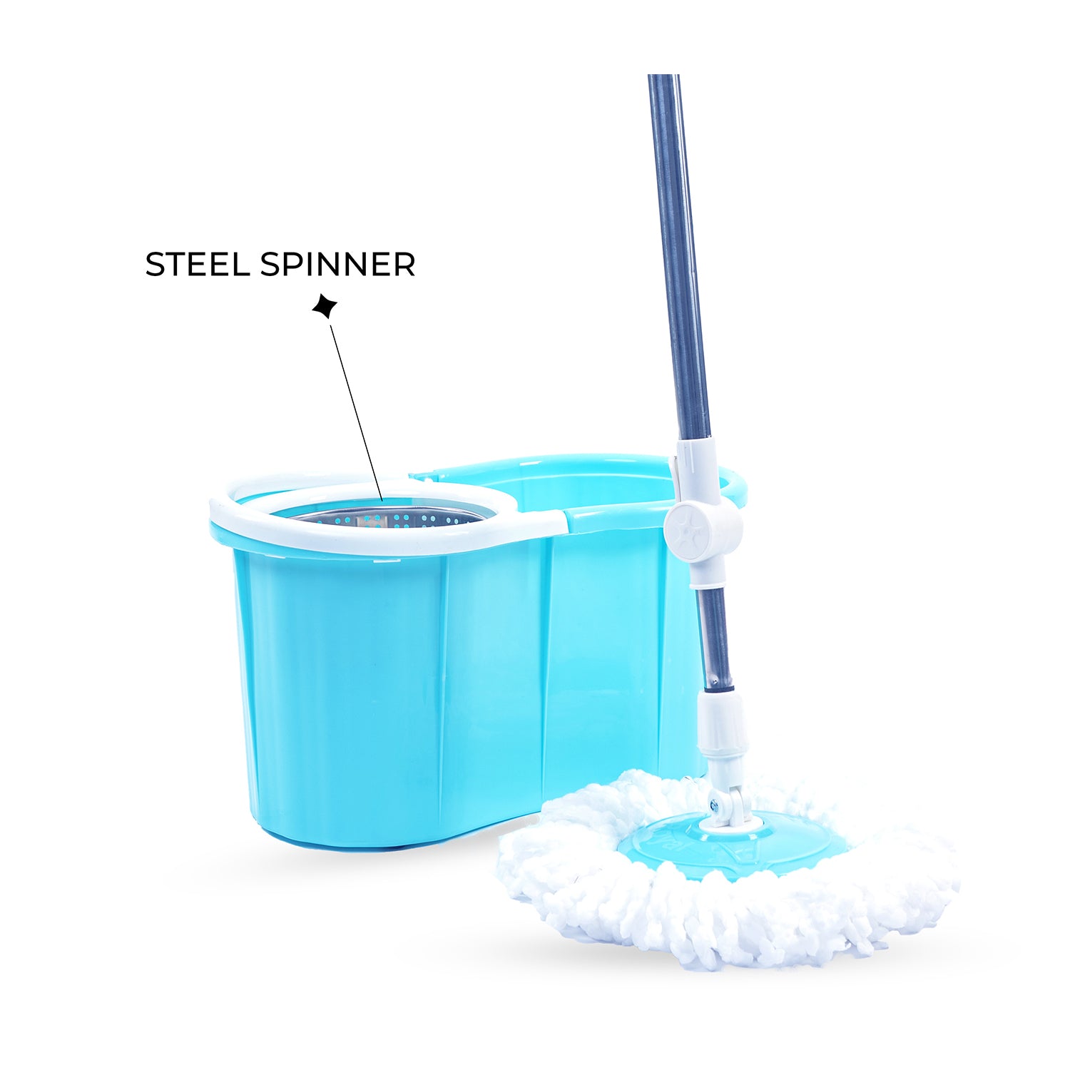 Zidello Spin Mop Steel Bucket, Efficient 360° spin mop with microfiber, detachable head, adjustable handle, and portable steel bucket for easy storage
