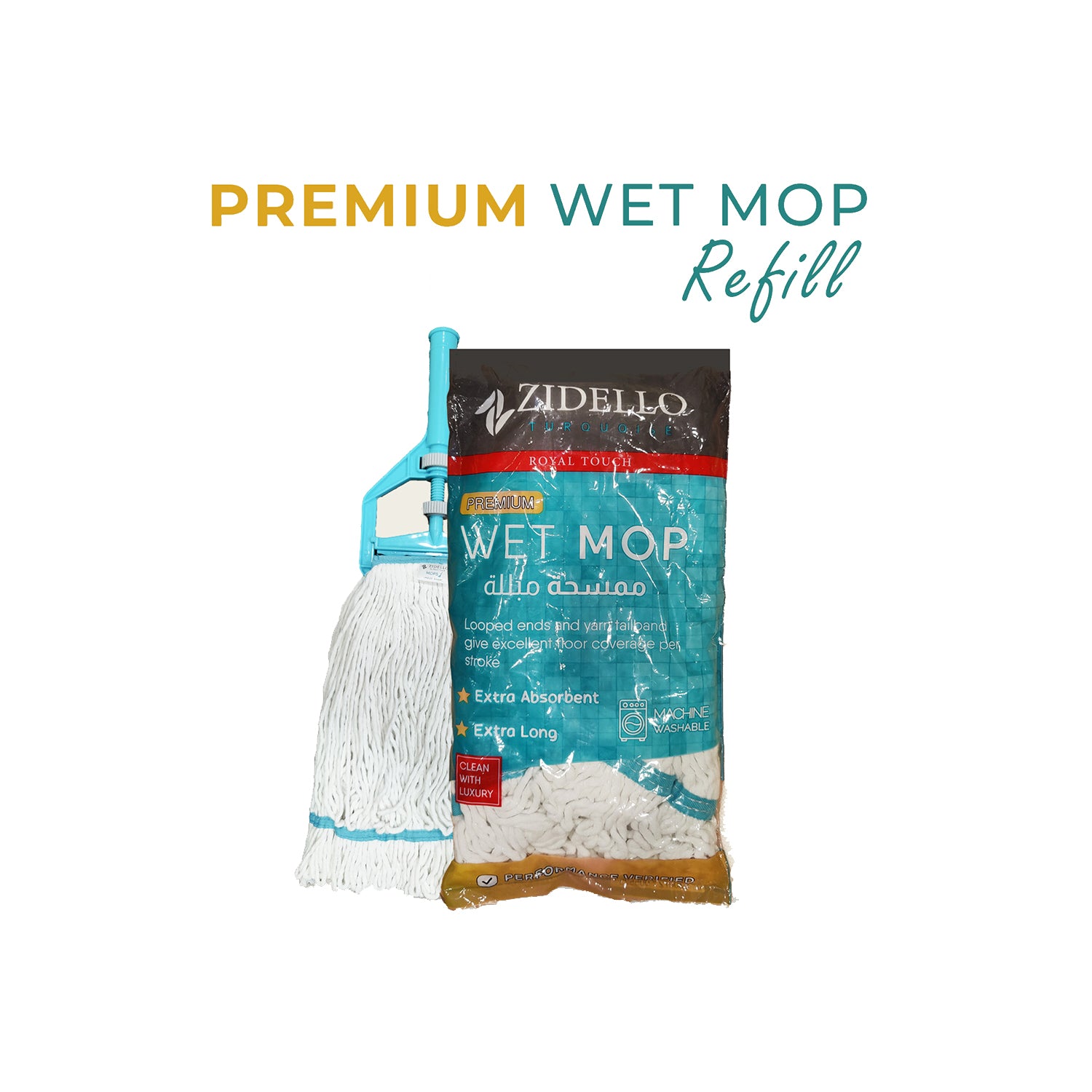 Zidello Absorbent premium wet mop refill with a long, flexible rod for comfortable use, durable and affordable for effective cleaning