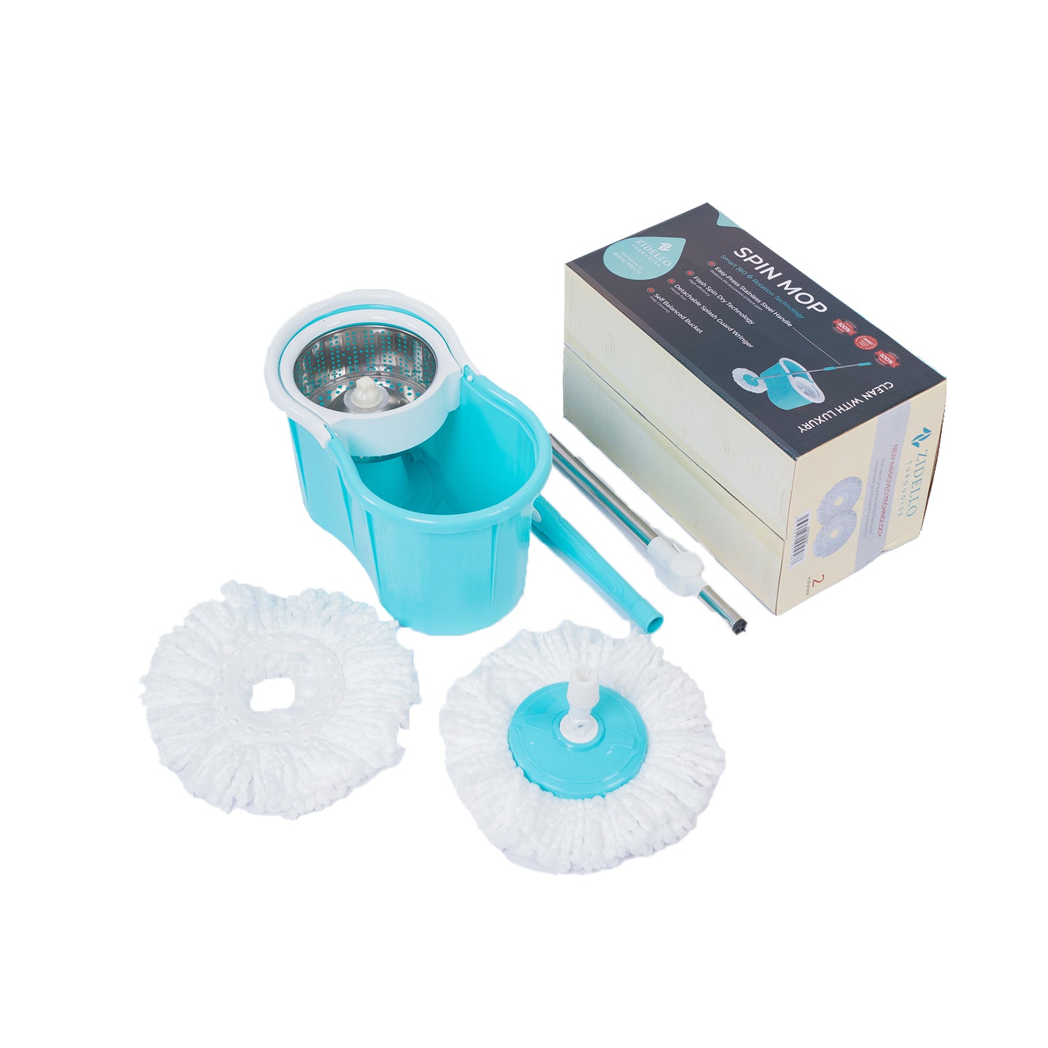 Zidello Spin Mop Steel Bucket, Efficient 360° spin mop with microfiber, detachable head, adjustable handle, and portable steel bucket for easy storage