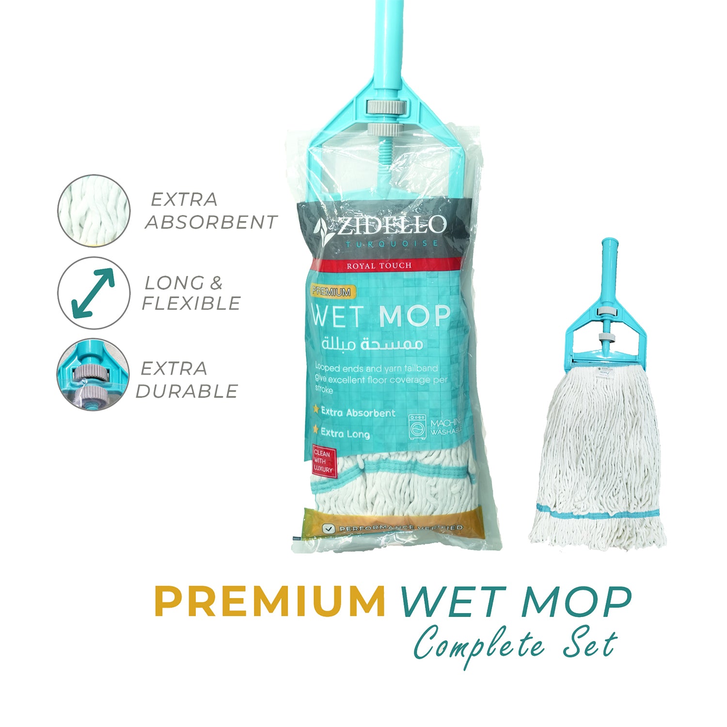 Zidello Absorbent premium wet mop with a long, flexible rod for comfortable use, durable and affordable for effective cleaning