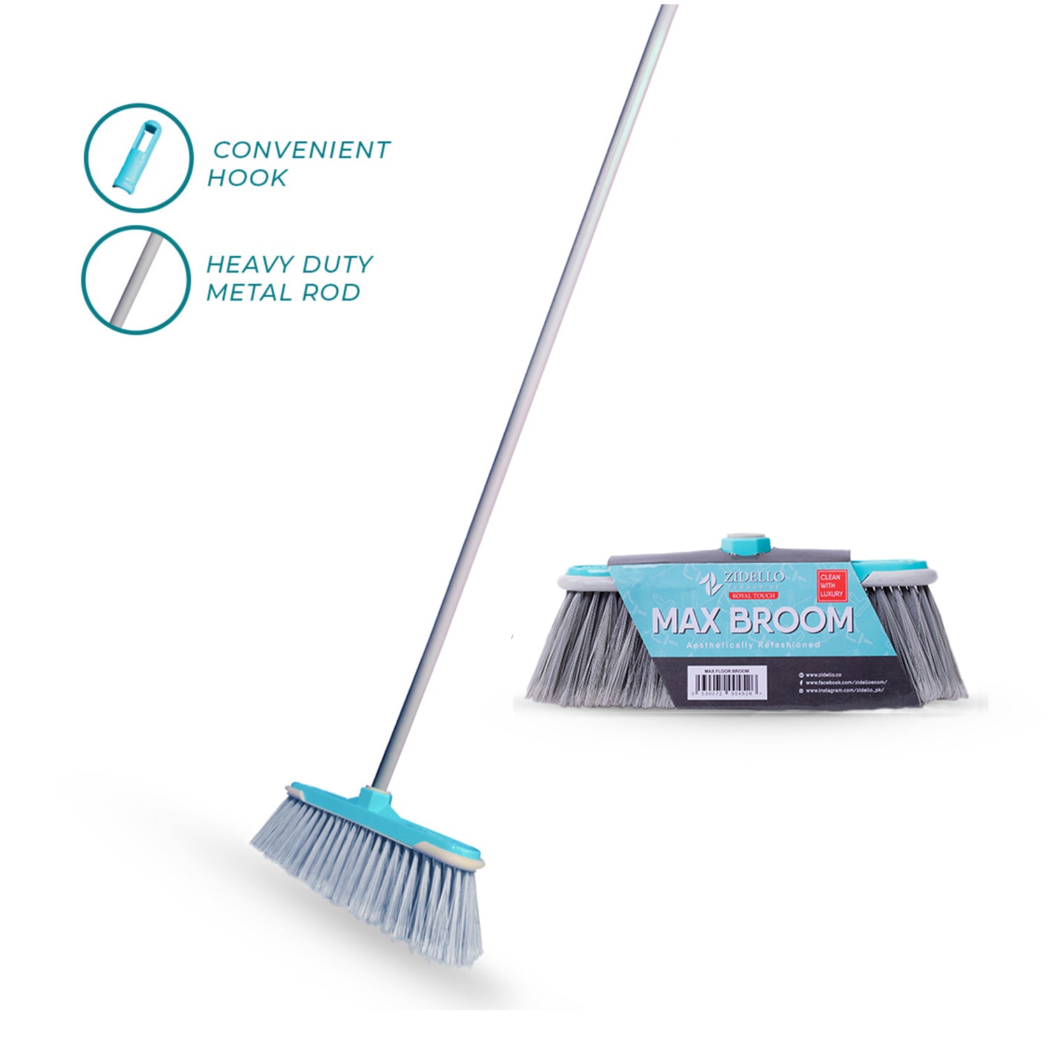 Zidello premium broom with durable bristles and long metal rod for superior, gentle cleaning; affordable and long-lasting
