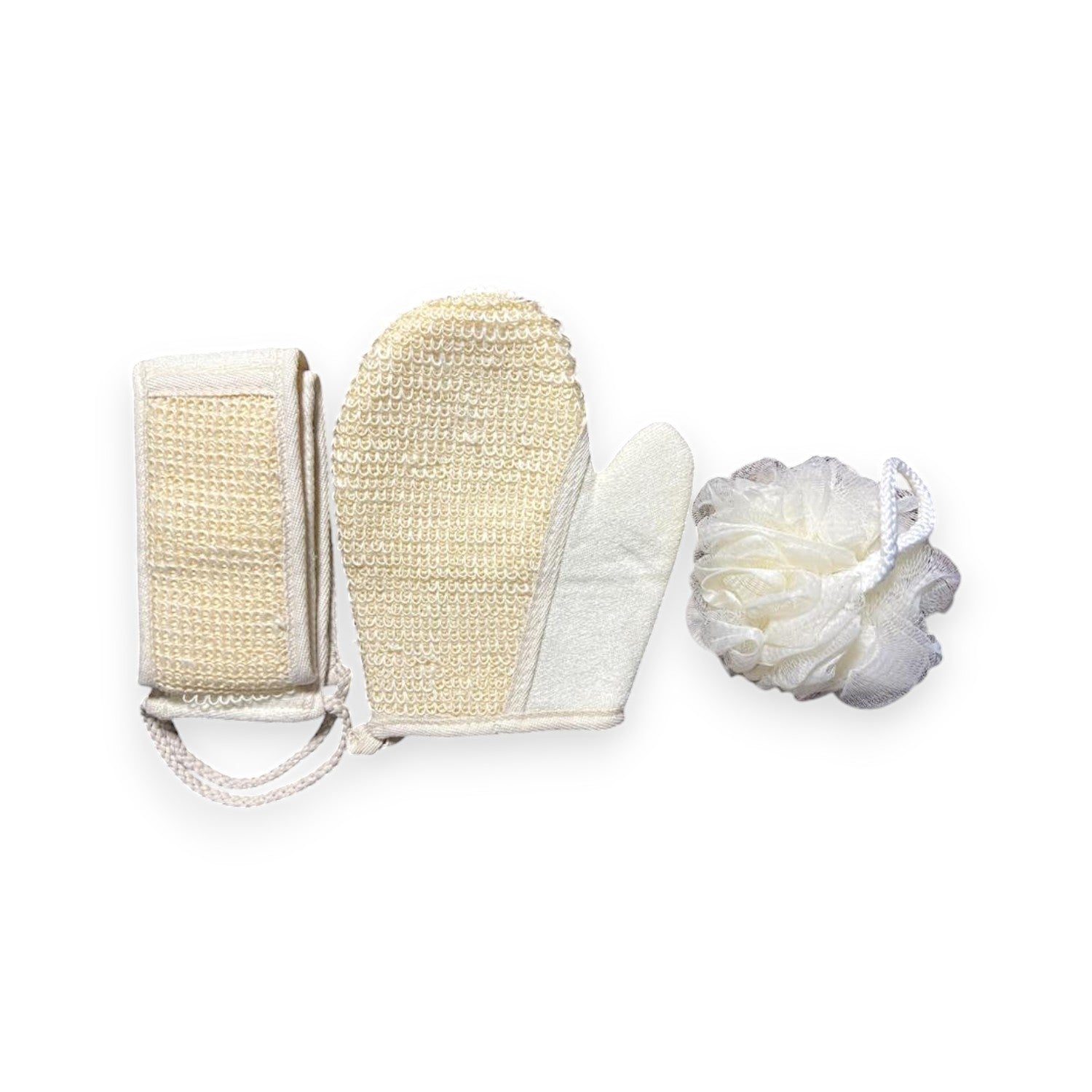 Exfoliating Bath Set: Loofah Gloves, Back Scrubber Belt & Loofah Sponge - Bathing Combo