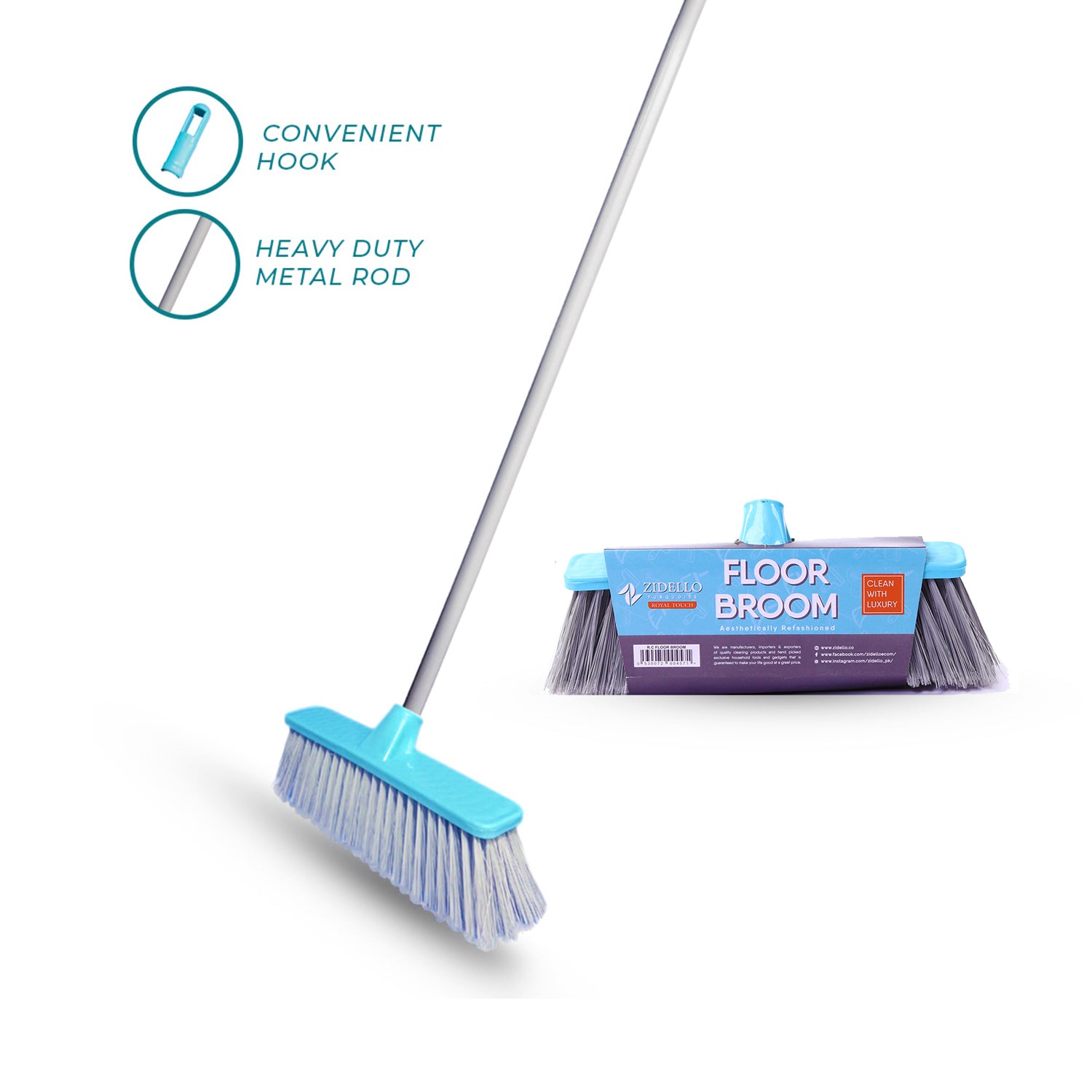 Zidello floor broom with durable bristles and long metal rod for superior, gentle cleaning; affordable and long-lasting
