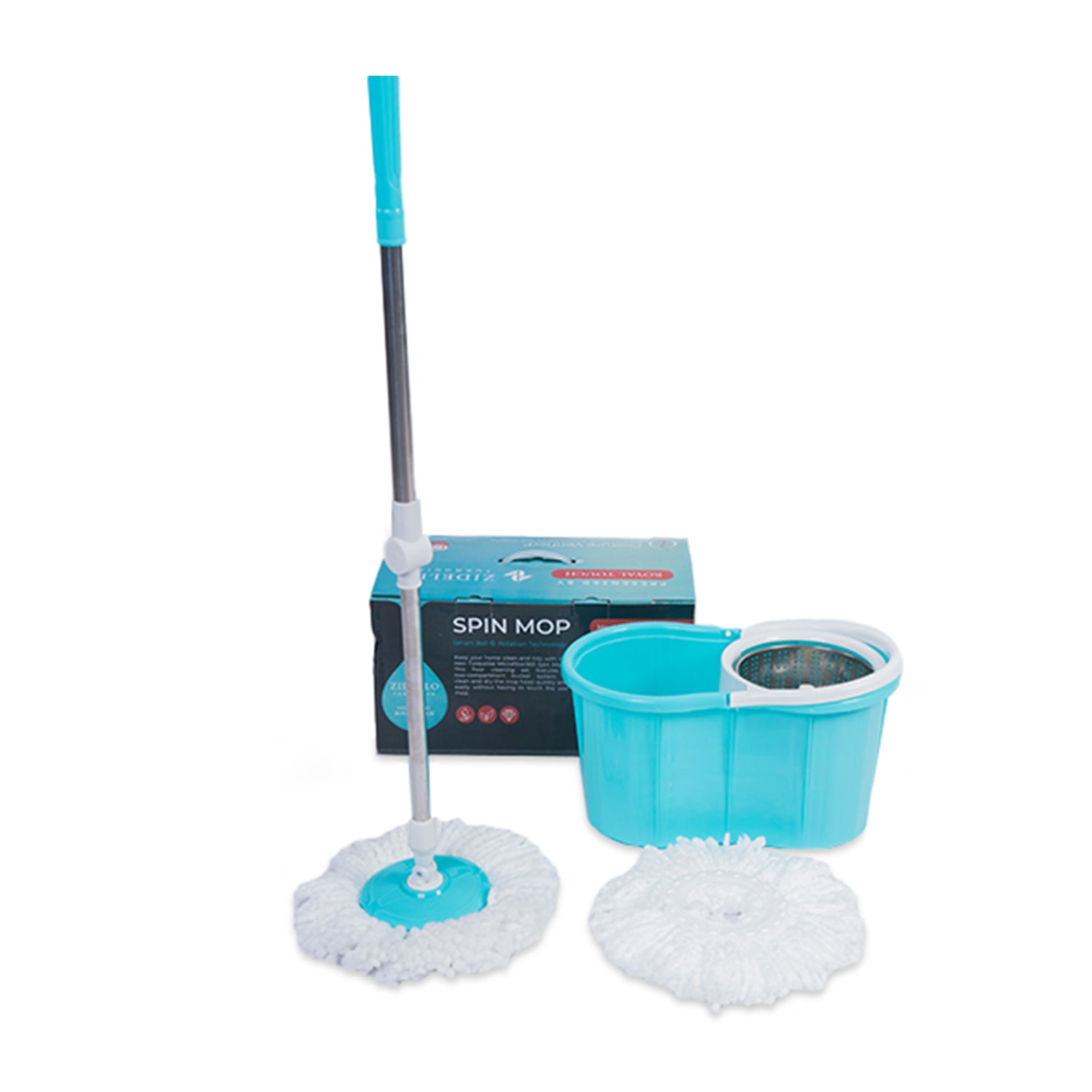 Zidello Spin Mop Steel Bucket, Efficient 360° spin mop with microfiber, detachable head, adjustable handle, and portable steel bucket for easy storage