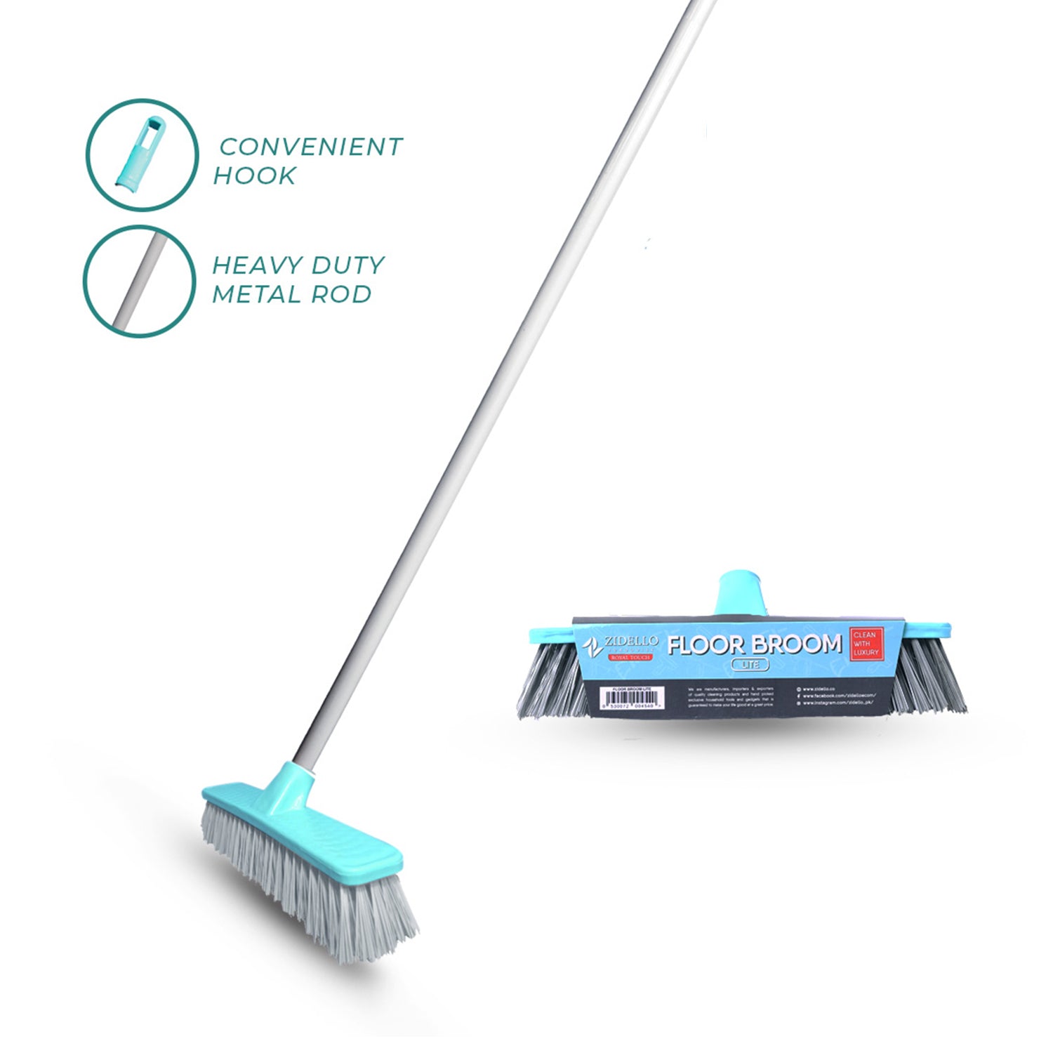 Zidello floor broom (lite) with durable bristles and long metal rod for superior, gentle cleaning; affordable and long-lasting
