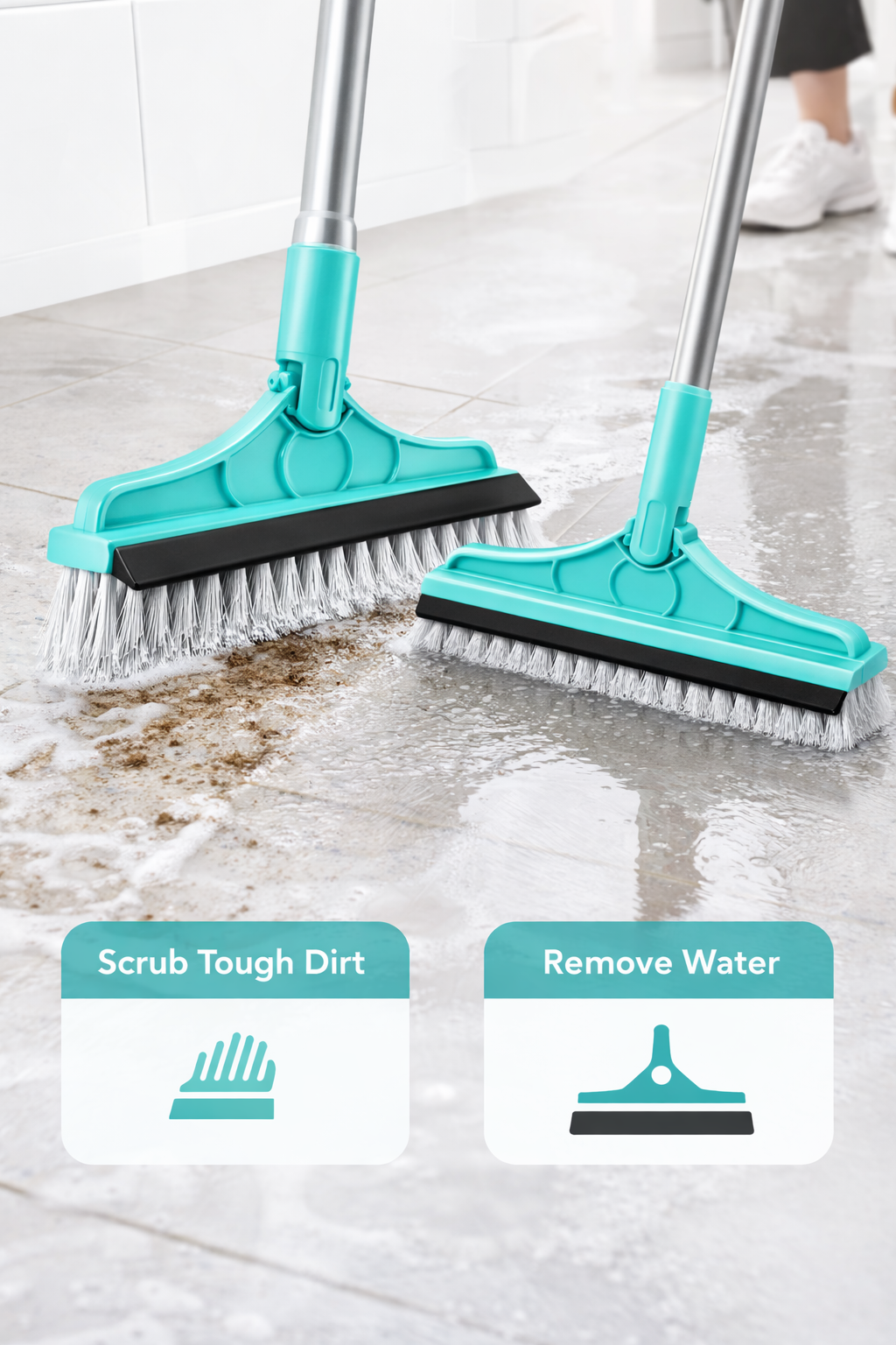 Zidello 2-in-1 floor scrubber brush with squeegee, 120° rotating head, turquoise design for tile cleaning.