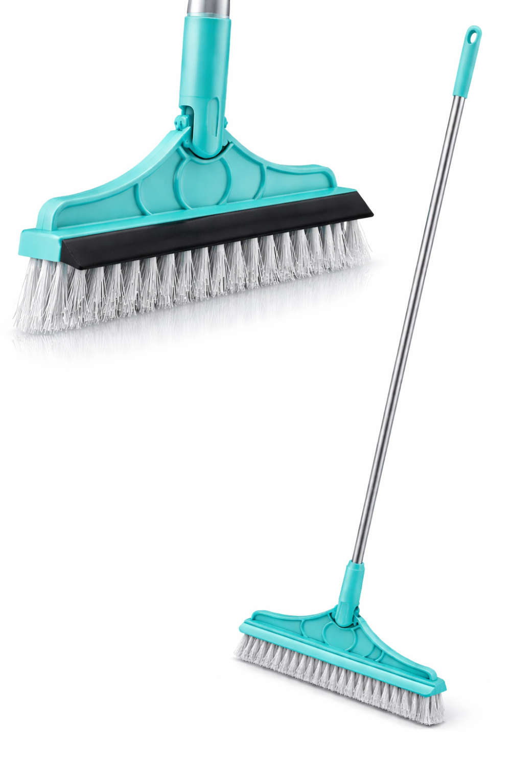 Zidello 2-in-1 floor scrubber brush with squeegee, 120° rotating head, turquoise design for tile cleaning.