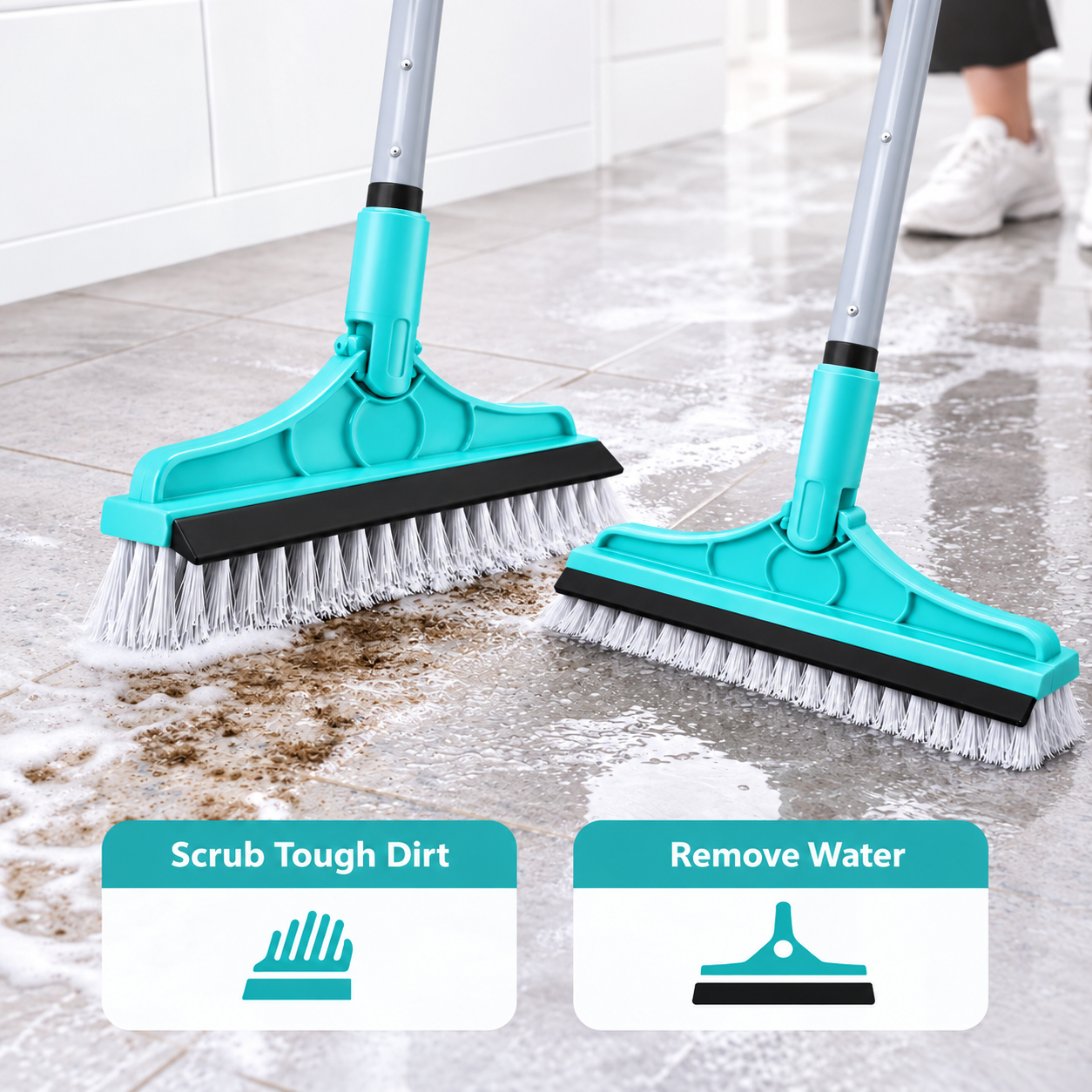 Zidello 2-in-1 Floor Scrubber Brush & Rubber Wiper for Tiles & Bathrooms