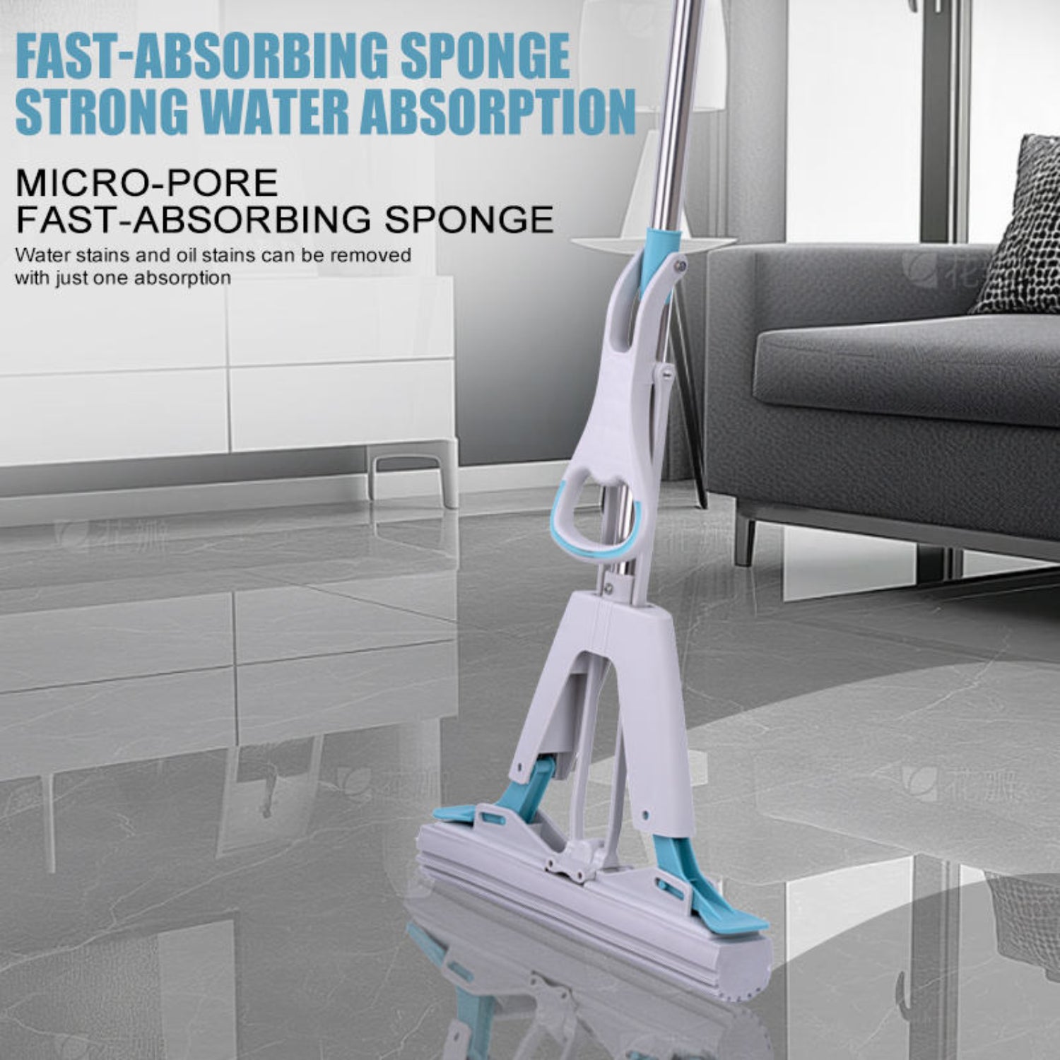 Zidello Double Squeeze Floor Sponge Mop – Hands-Free Cleaning Mop with Super Absorbent PVA Sponge for Home, Kitchen, and Office Floors