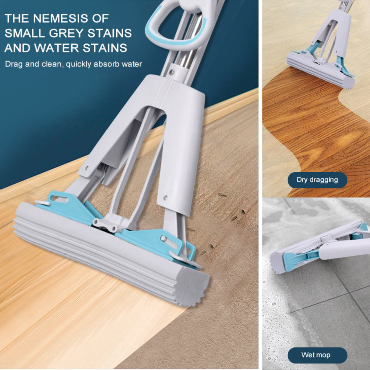 Zidello Double Squeeze Floor Sponge Mop – Hands-Free Cleaning Mop with Super Absorbent PVA Sponge for Home, Kitchen, and Office Floors