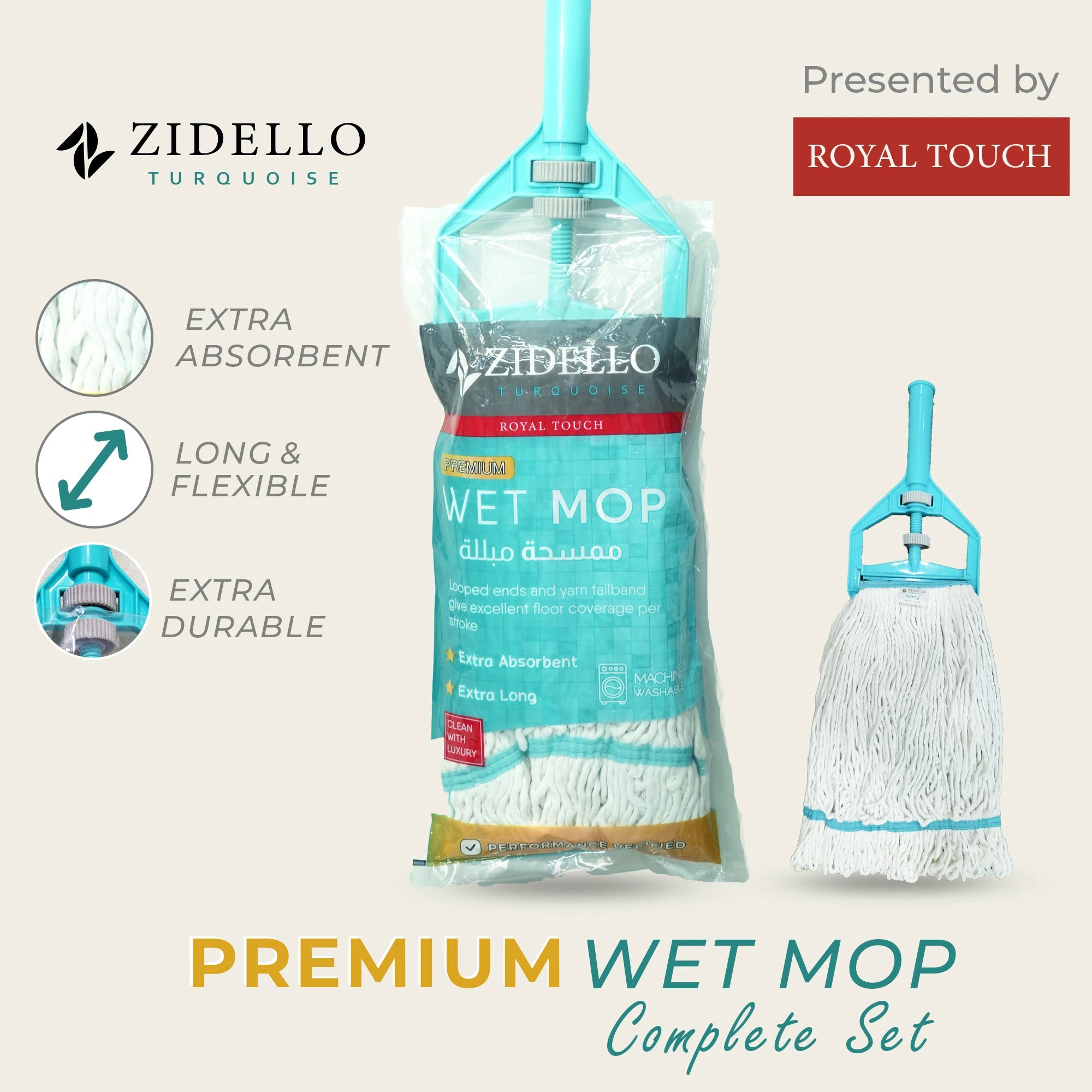 Zidello Absorbent premium wet mop with a long, flexible rod for comfortable use, durable and affordable for effective cleaning