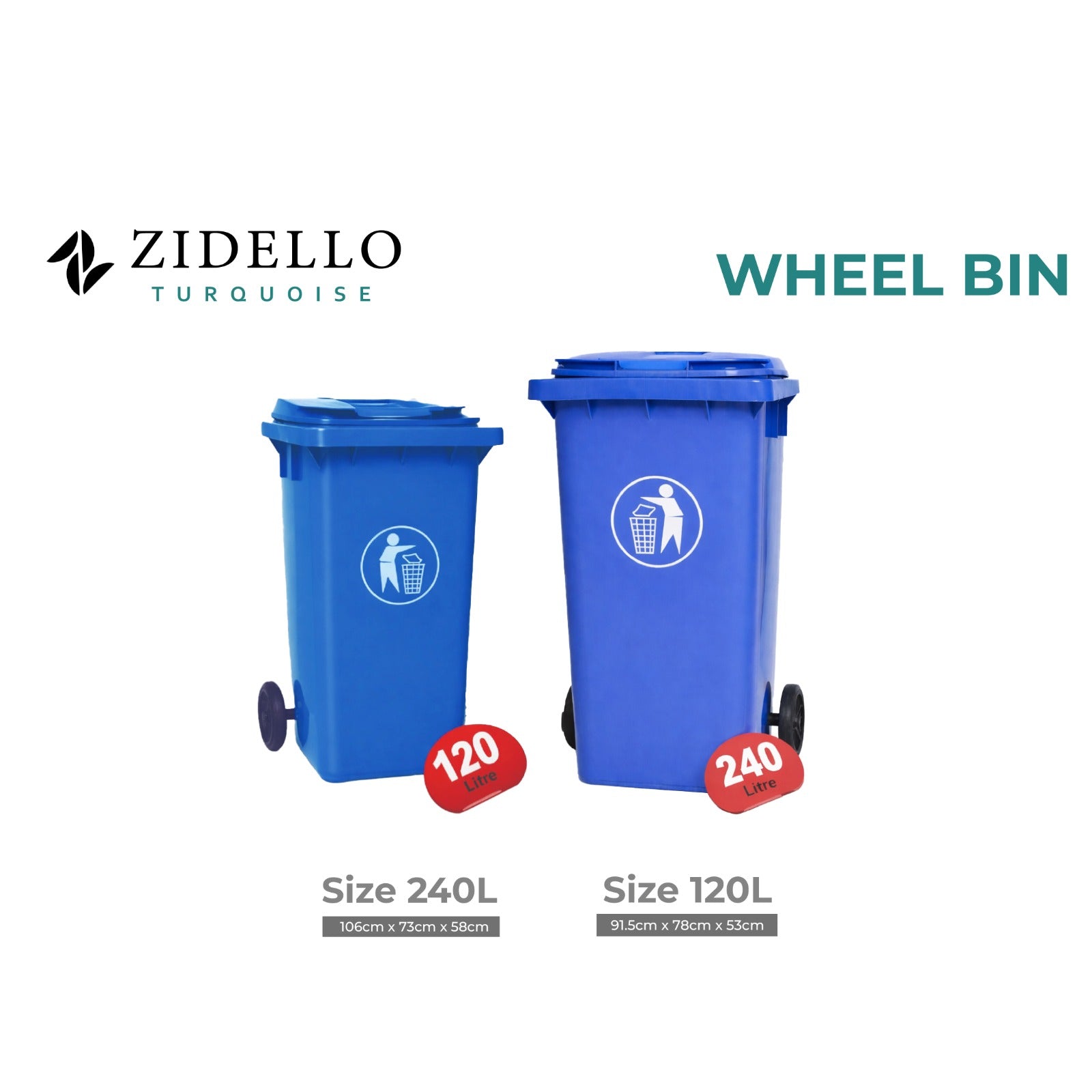 Plastic wheel bin by Zidello with a durable body, foot-operated pedal, tight-fitting lid, and smooth finish, designed for hygienic hands-free waste disposal in home or office spaces.