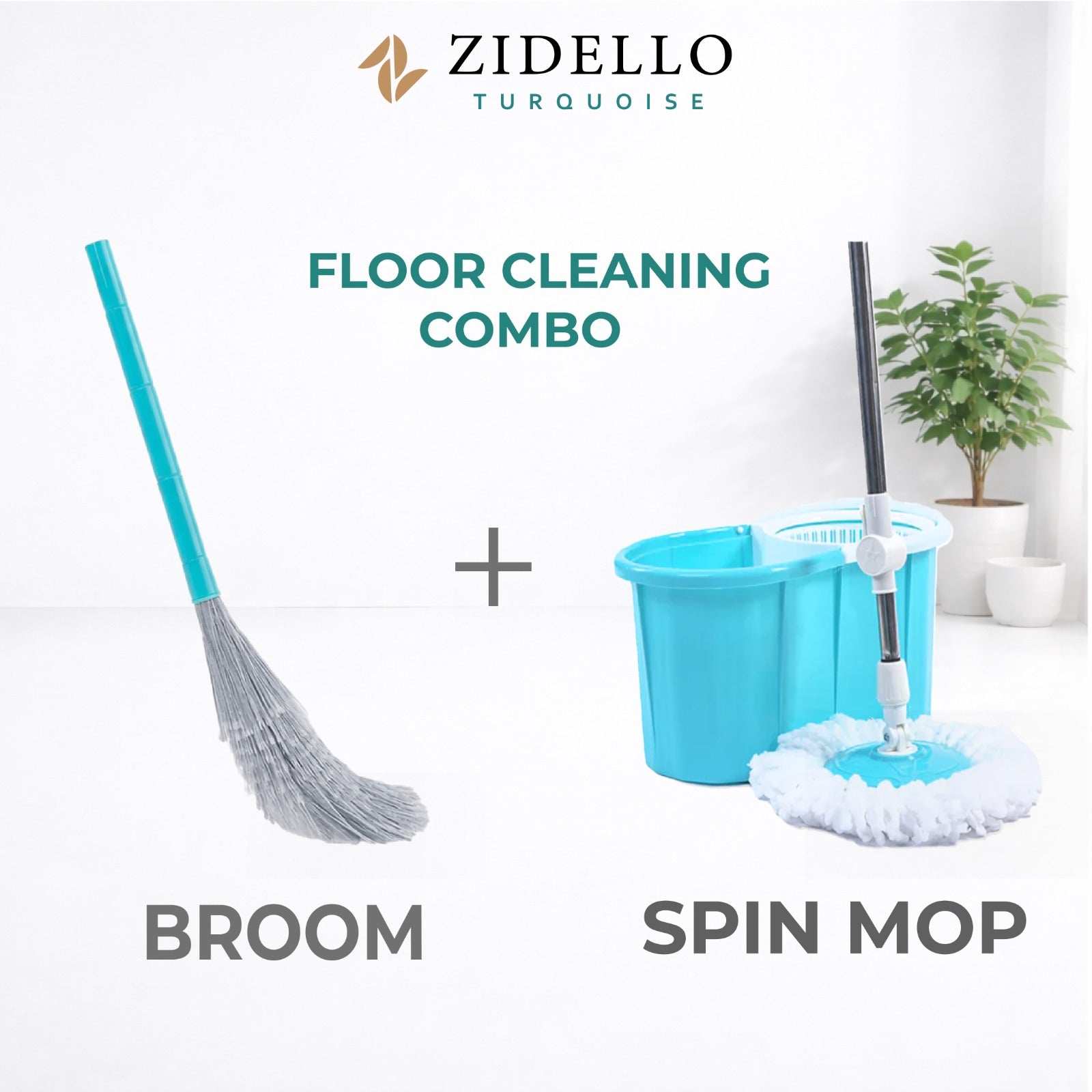 Zidello 2-in-1 Floor Cleaning Bundle – 360° Spin Mop with Plastic Spinner Bucket & Zero-Dust Long Handle Broom