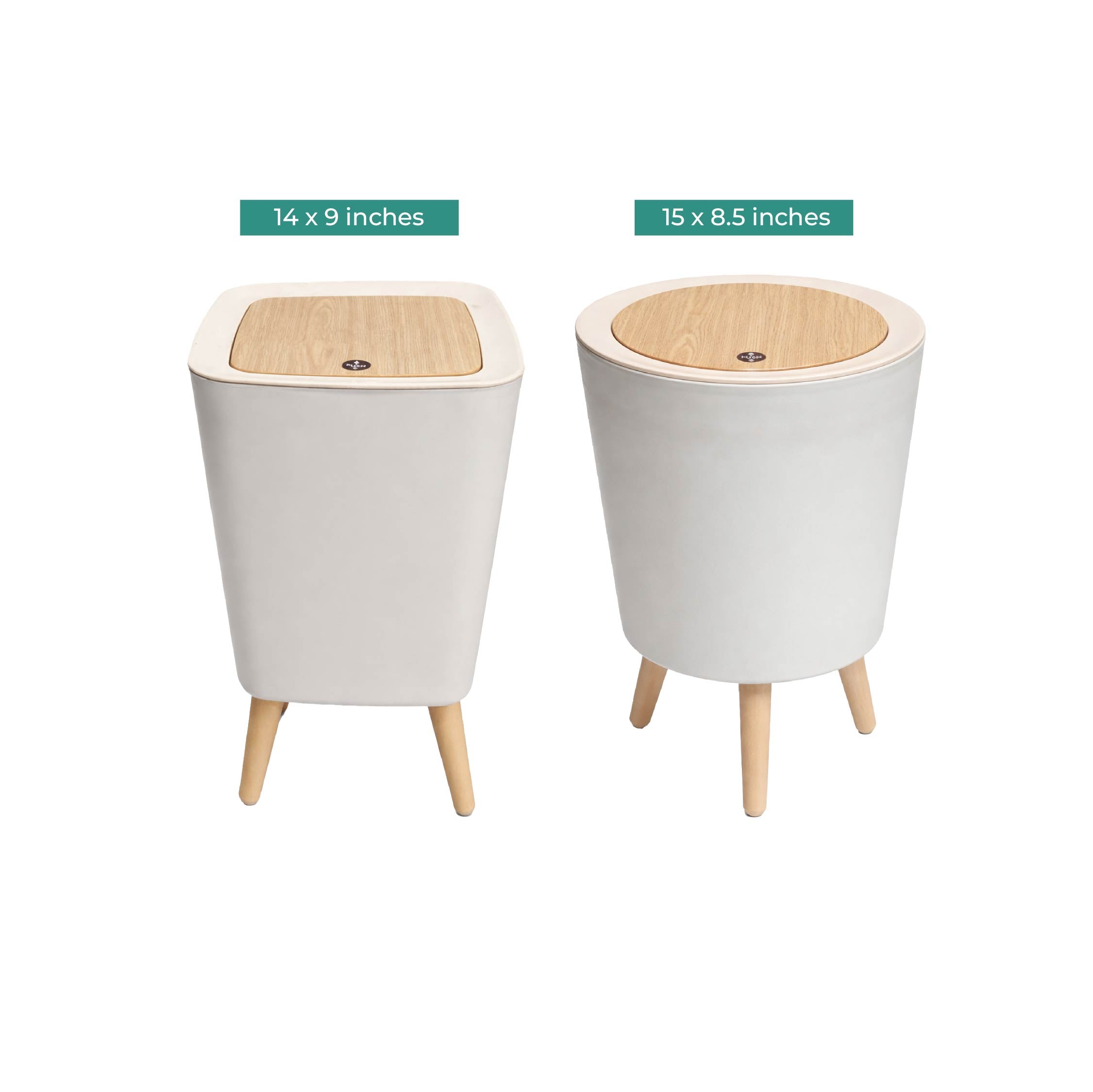 Zidello modern push-open trash bin with wooden lid and legs, compact 10L stylish waste bin for kitchen, bathroom, or office use, durable plastic body with hands-free lid design.