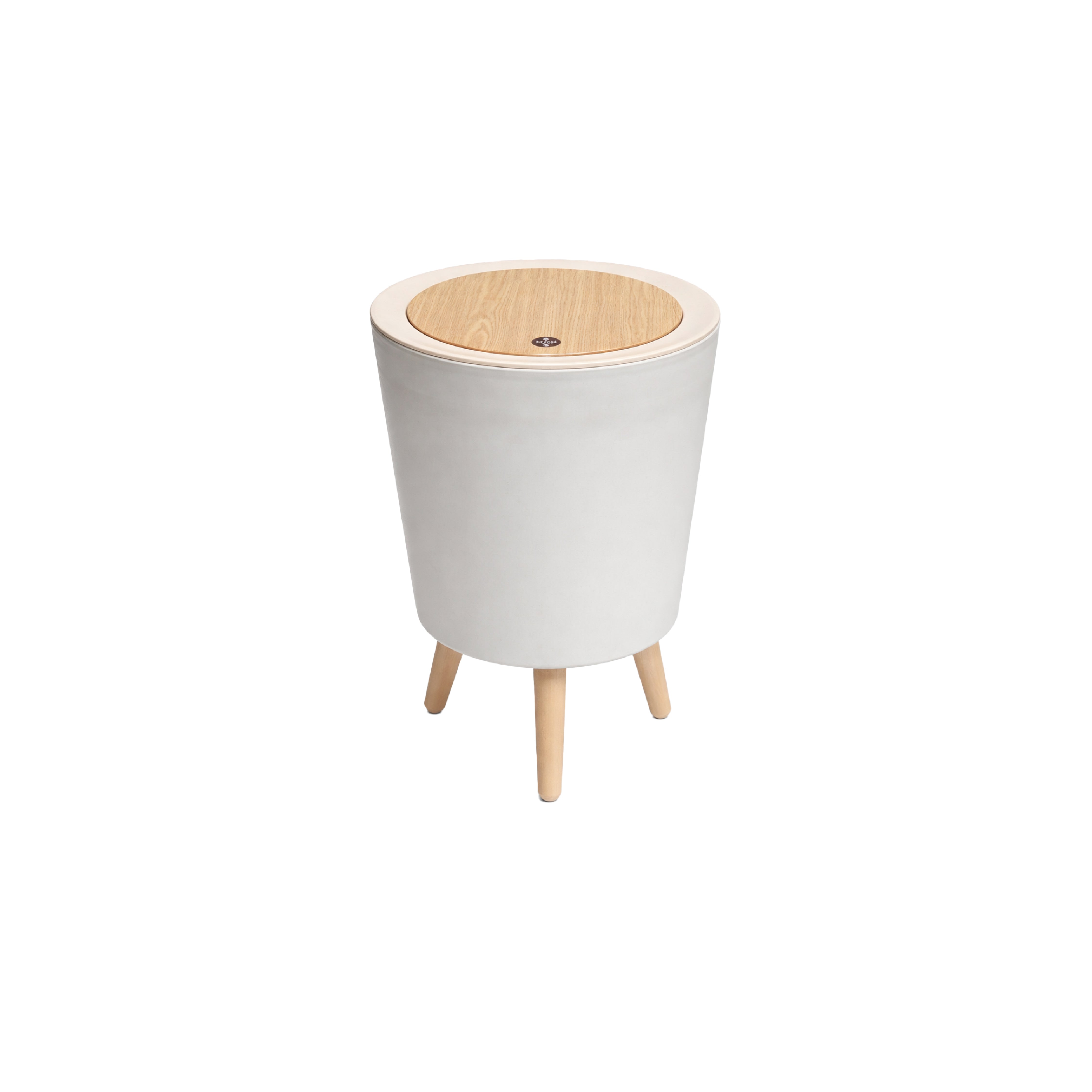 Zidello modern push-open trash bin with wooden lid and legs, compact 10L stylish waste bin for kitchen, bathroom, or office use, durable plastic body with hands-free lid design.