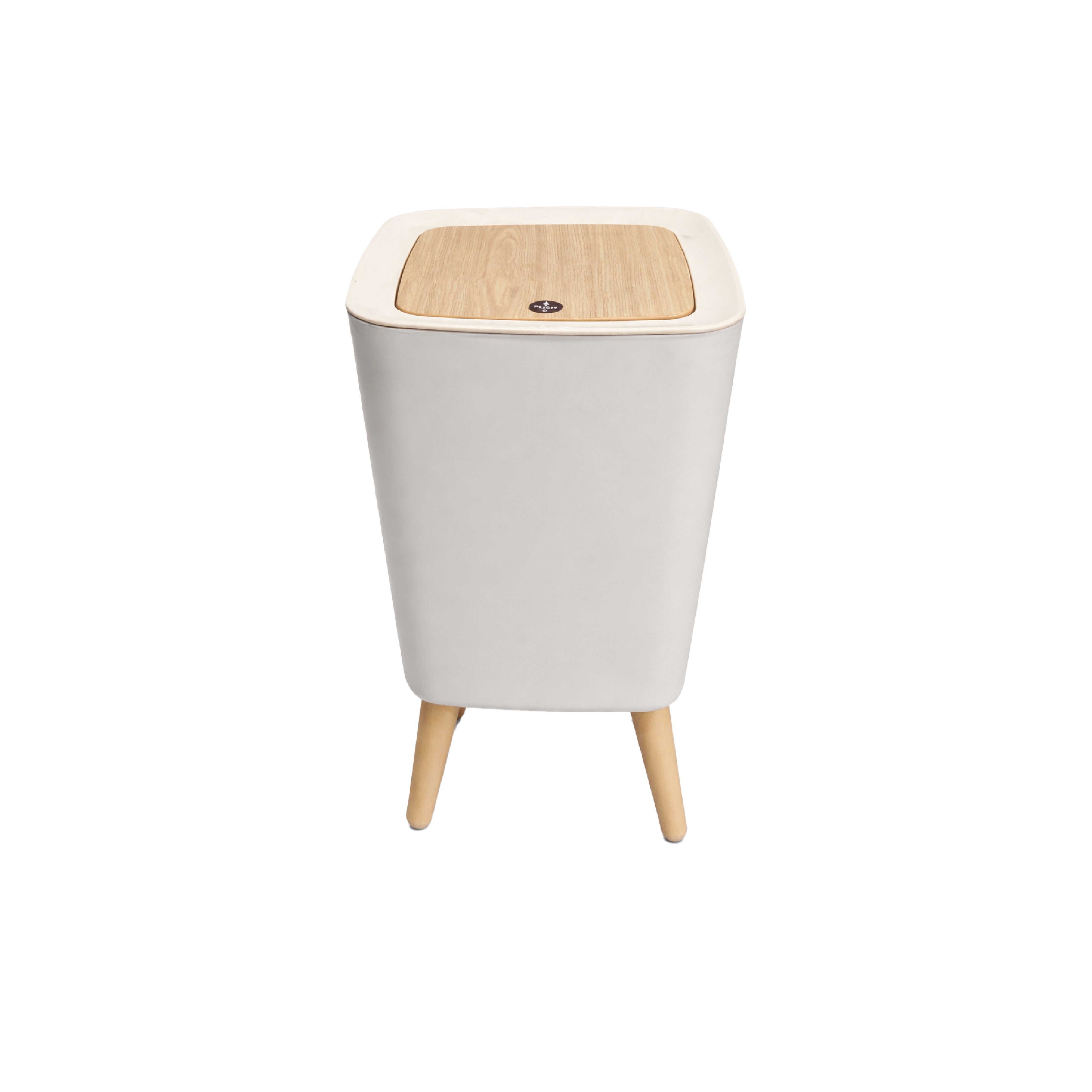 Zidello modern push-open trash bin with wooden lid and legs, compact 10L stylish waste bin for kitchen, bathroom, or office use, durable plastic body with hands-free lid design.
