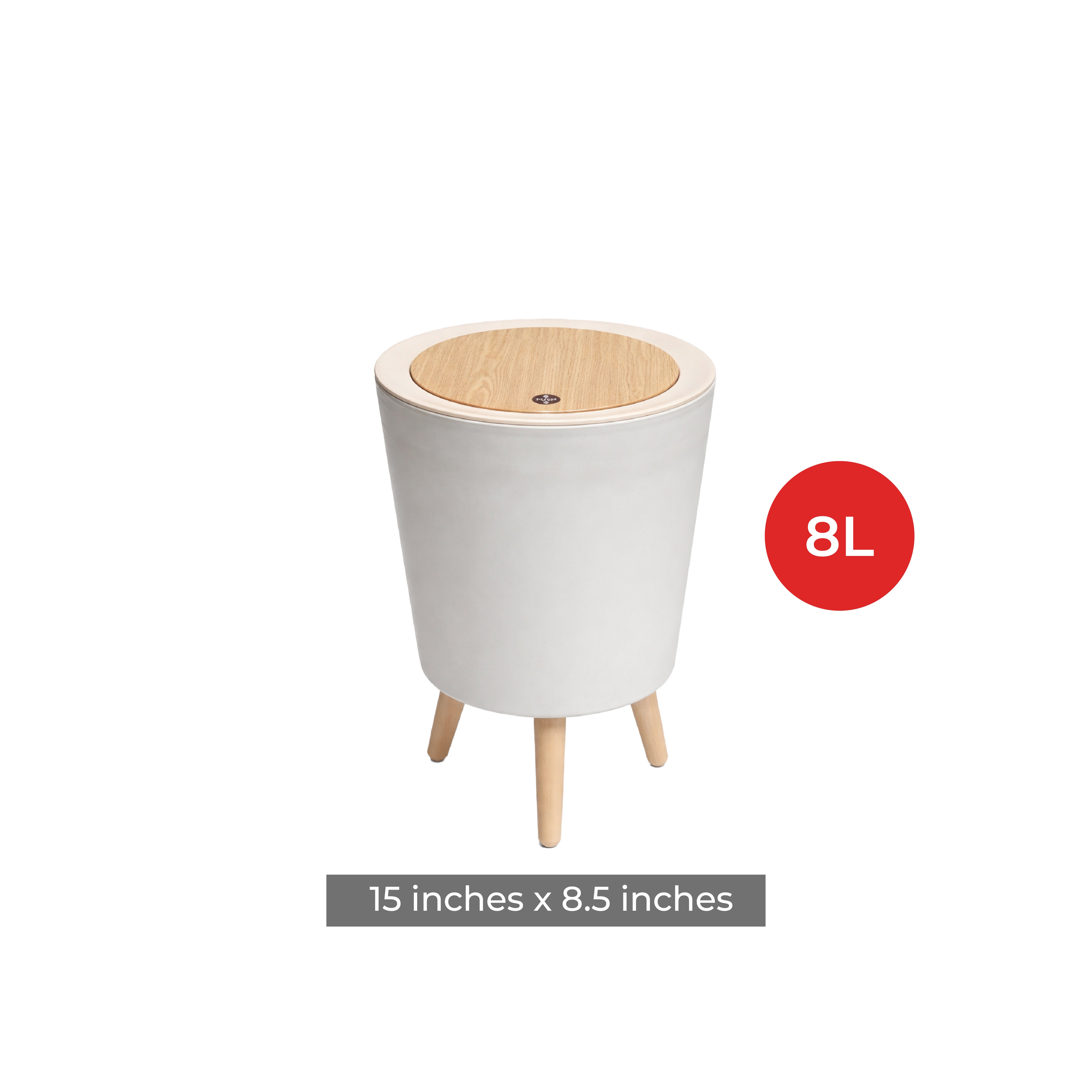 Zidello modern push-open trash bin with wooden lid and legs, compact 10L stylish waste bin for kitchen, bathroom, or office use, durable plastic body with hands-free lid design.