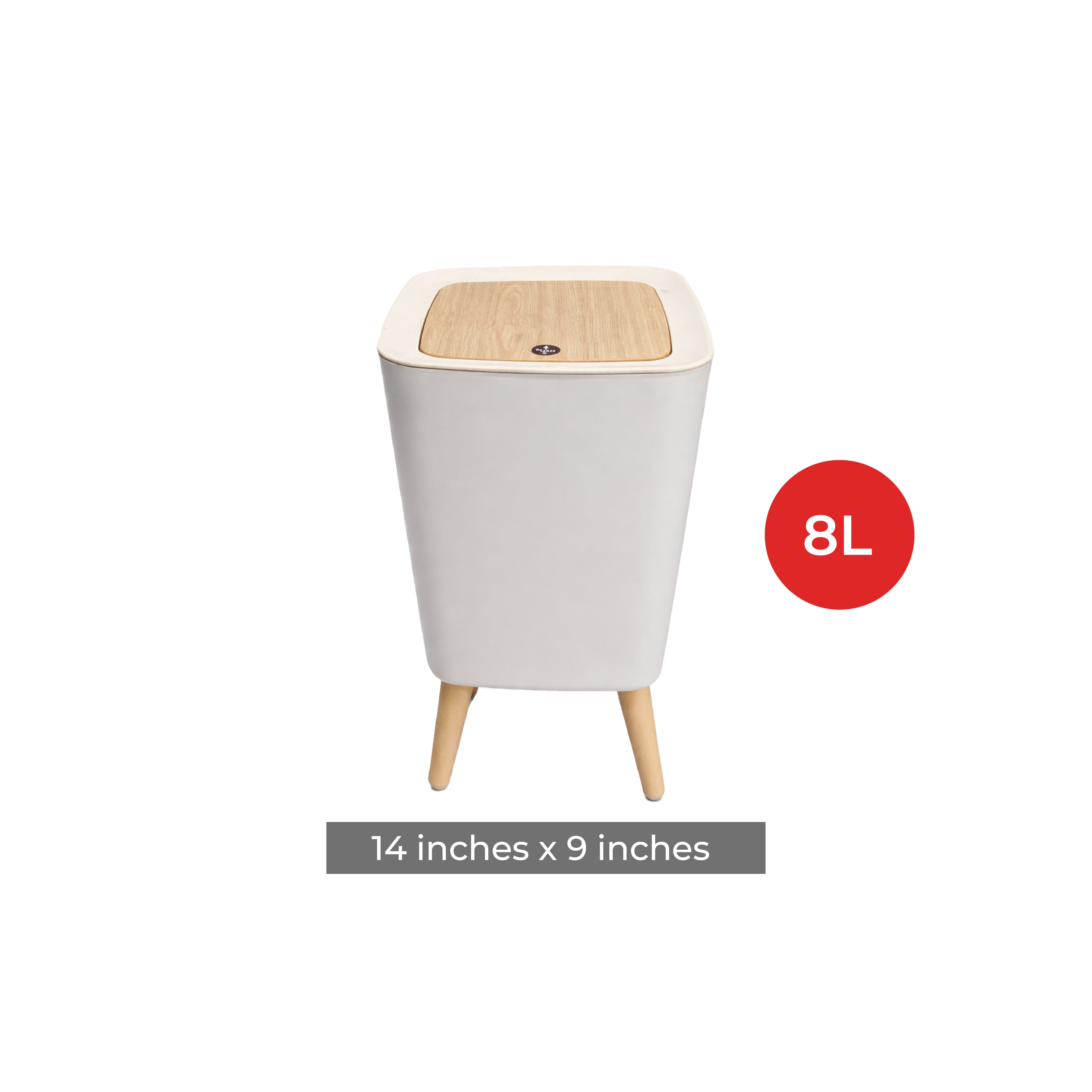 Zidello modern push-open trash bin with wooden lid and legs, compact 10L stylish waste bin for kitchen, bathroom, or office use, durable plastic body with hands-free lid design.