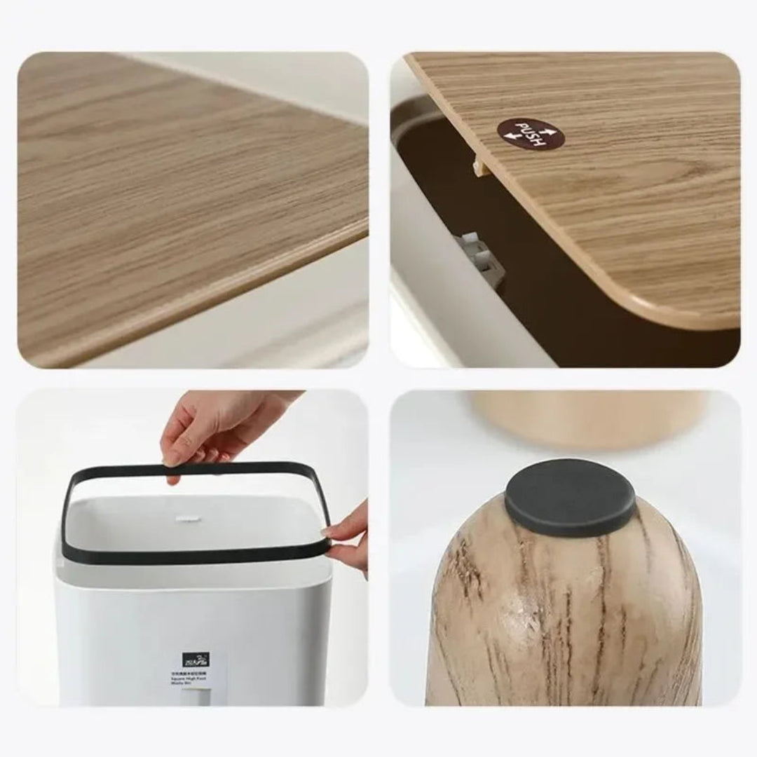 Zidello modern push-open trash bin with wooden lid and legs, compact 10L stylish waste bin for kitchen, bathroom, or office use, durable plastic body with hands-free lid design.
