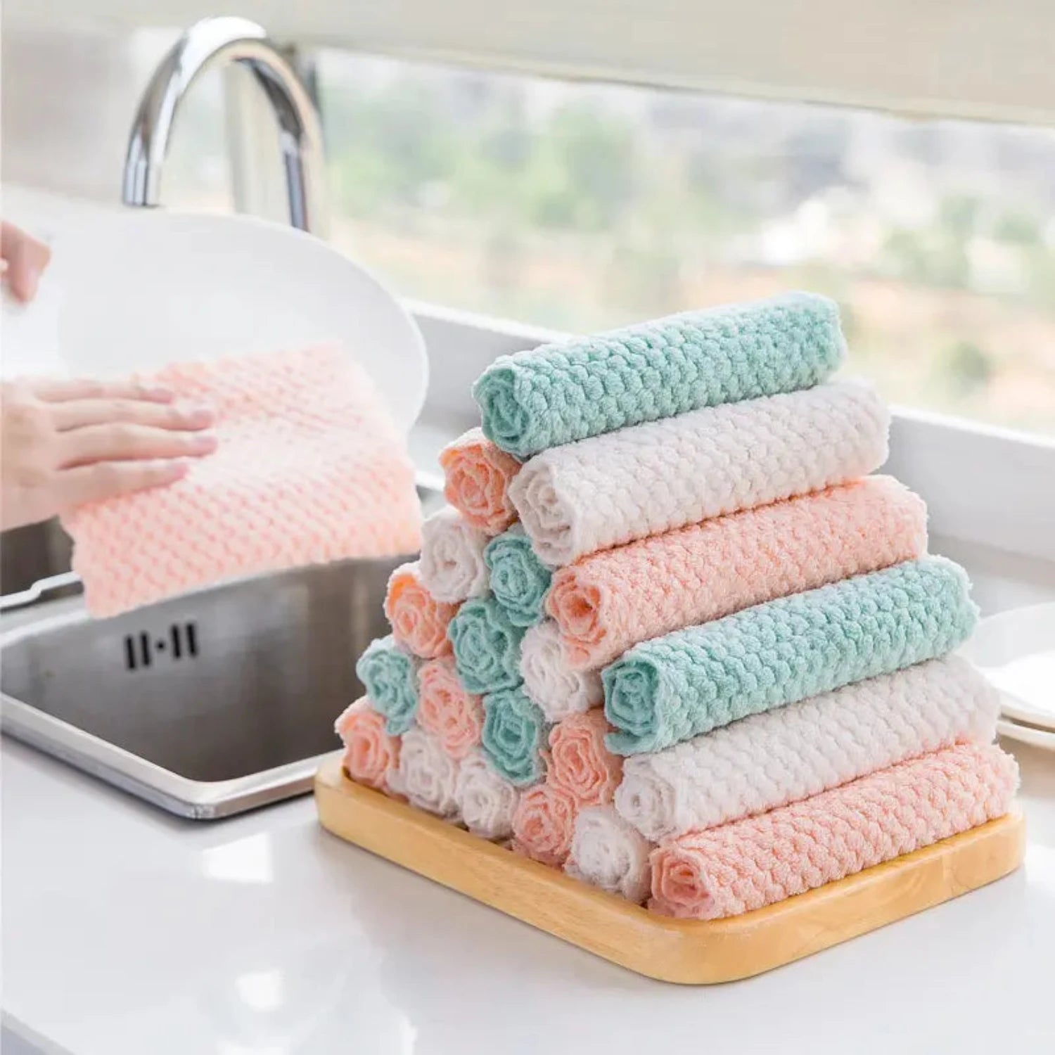 5-pack microfiber kitchen cleaning towels by Zidello, super absorbent, fast-drying antigrease dishcloths for dishwashing and kitchen cleaning