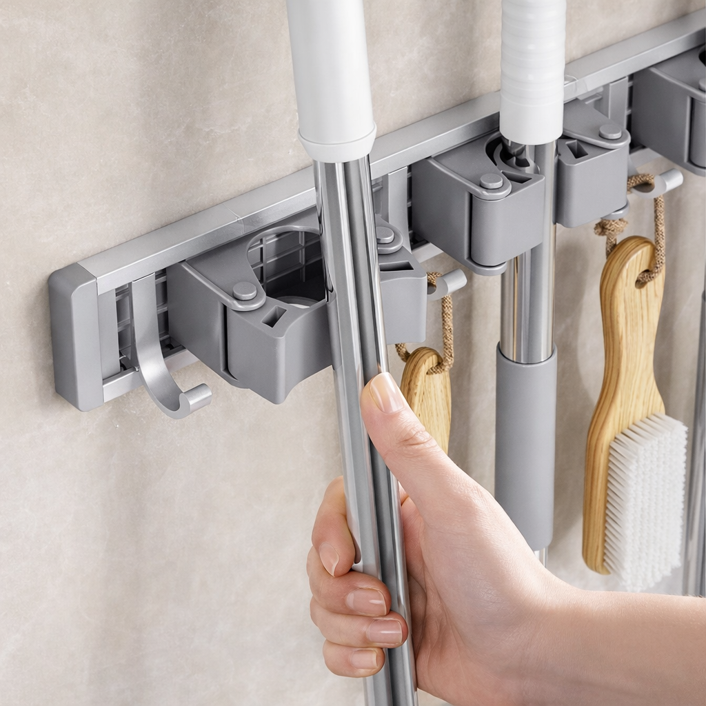 Zidello wall-mounted mop and broom holder with durable grip clips and hanging hooks for organizing cleaning tools, space-saving design, strong hold, ideal for kitchen, bathroom, or utility area