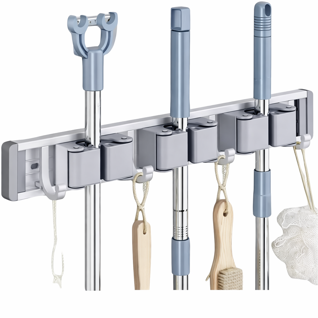 Zidello wall-mounted mop and broom holder with durable grip clips and hanging hooks for organizing cleaning tools, space-saving design, strong hold, ideal for kitchen, bathroom, or utility area