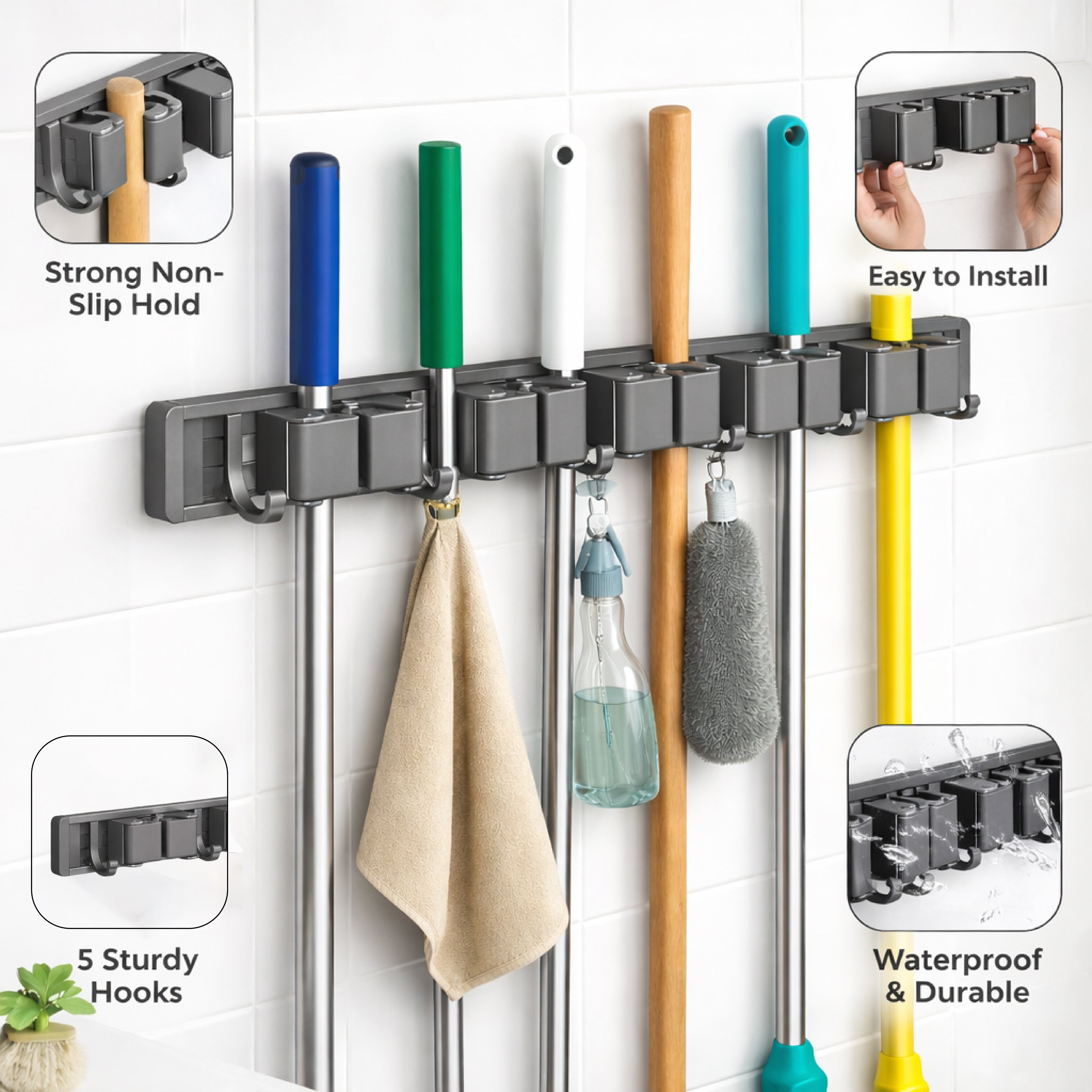 Zidello wall-mounted mop and broom holder with durable grip clips and hanging hooks for organizing cleaning tools, space-saving design, strong hold, ideal for kitchen, bathroom, or utility area