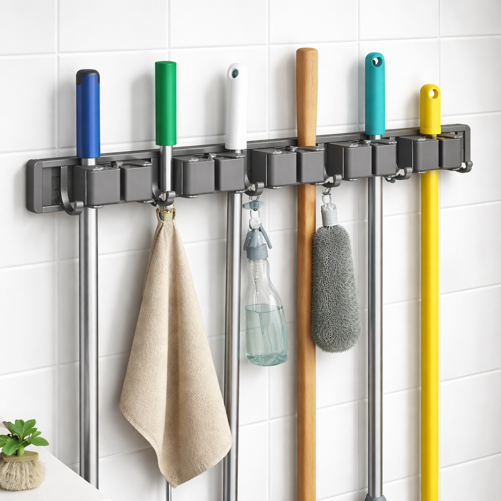 Zidello wall-mounted mop and broom holder with durable grip clips and hanging hooks for organizing cleaning tools, space-saving design, strong hold, ideal for kitchen, bathroom, or utility area