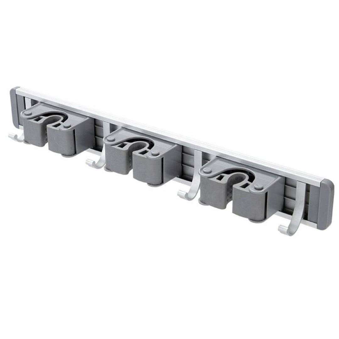 Zidello wall-mounted mop and broom holder with durable grip clips and hanging hooks for organizing cleaning tools, space-saving design, strong hold, ideal for kitchen, bathroom, or utility area