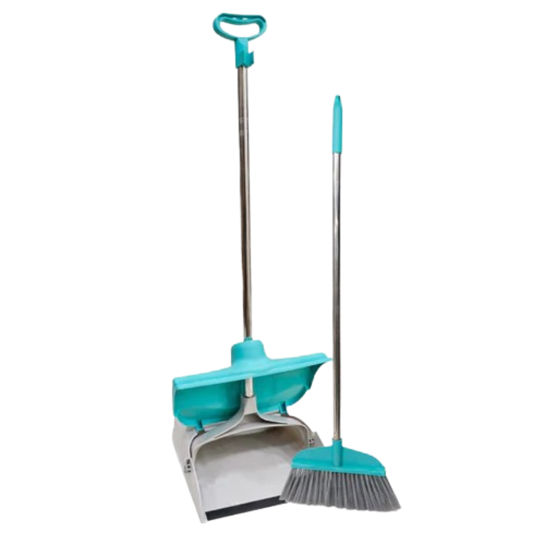 Zidello long-handle broom and folding dustpan set with stainless steel handles, teal plastic heads, and grey bristles for easy floor sweeping and upright storage.
