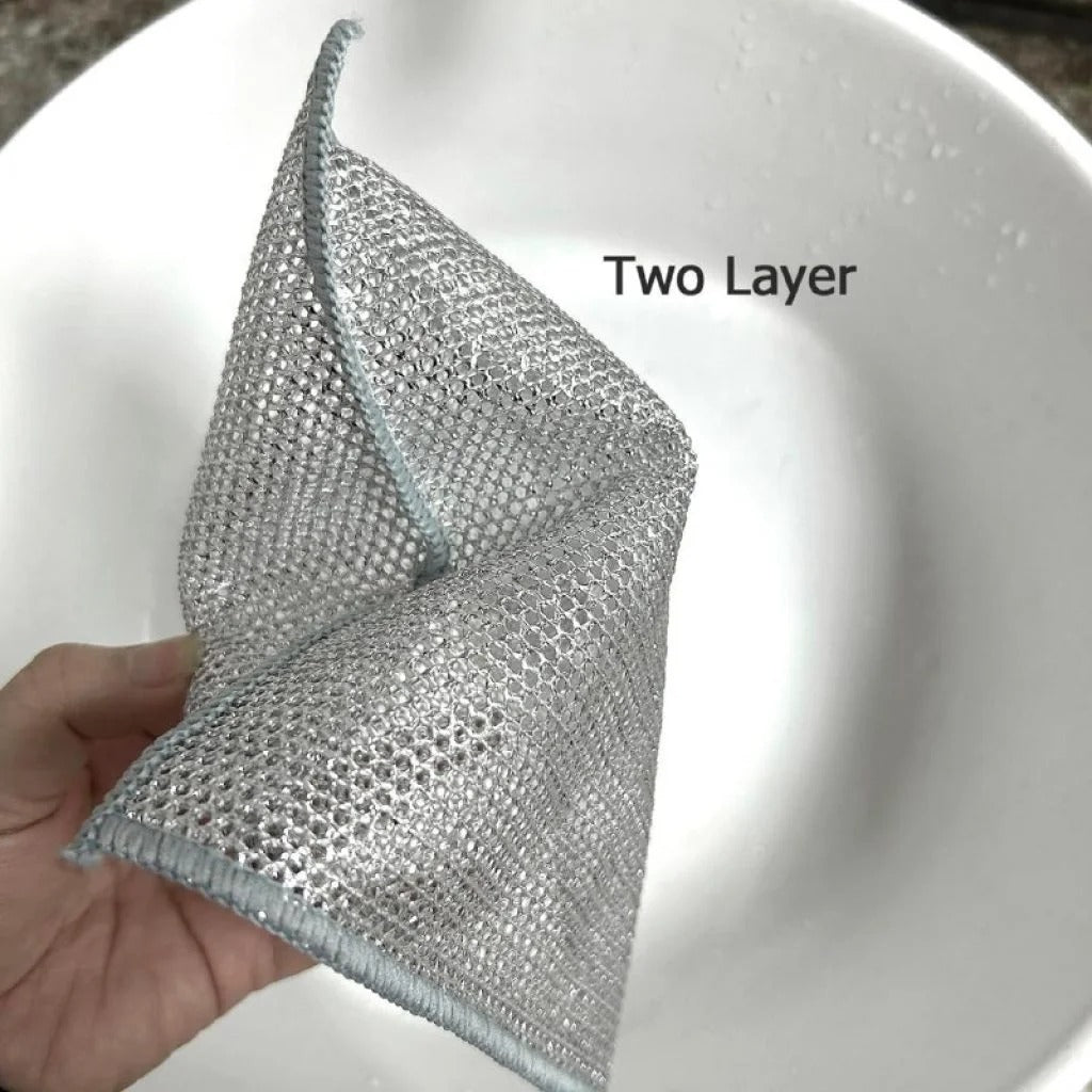 Zidello double layer dishwashing wire cleaning cloth, heavy-duty metal mesh scrubber for removing grease, stains, and tough dirt from kitchen utensils and sinks, durable and reusable cleaning tool.