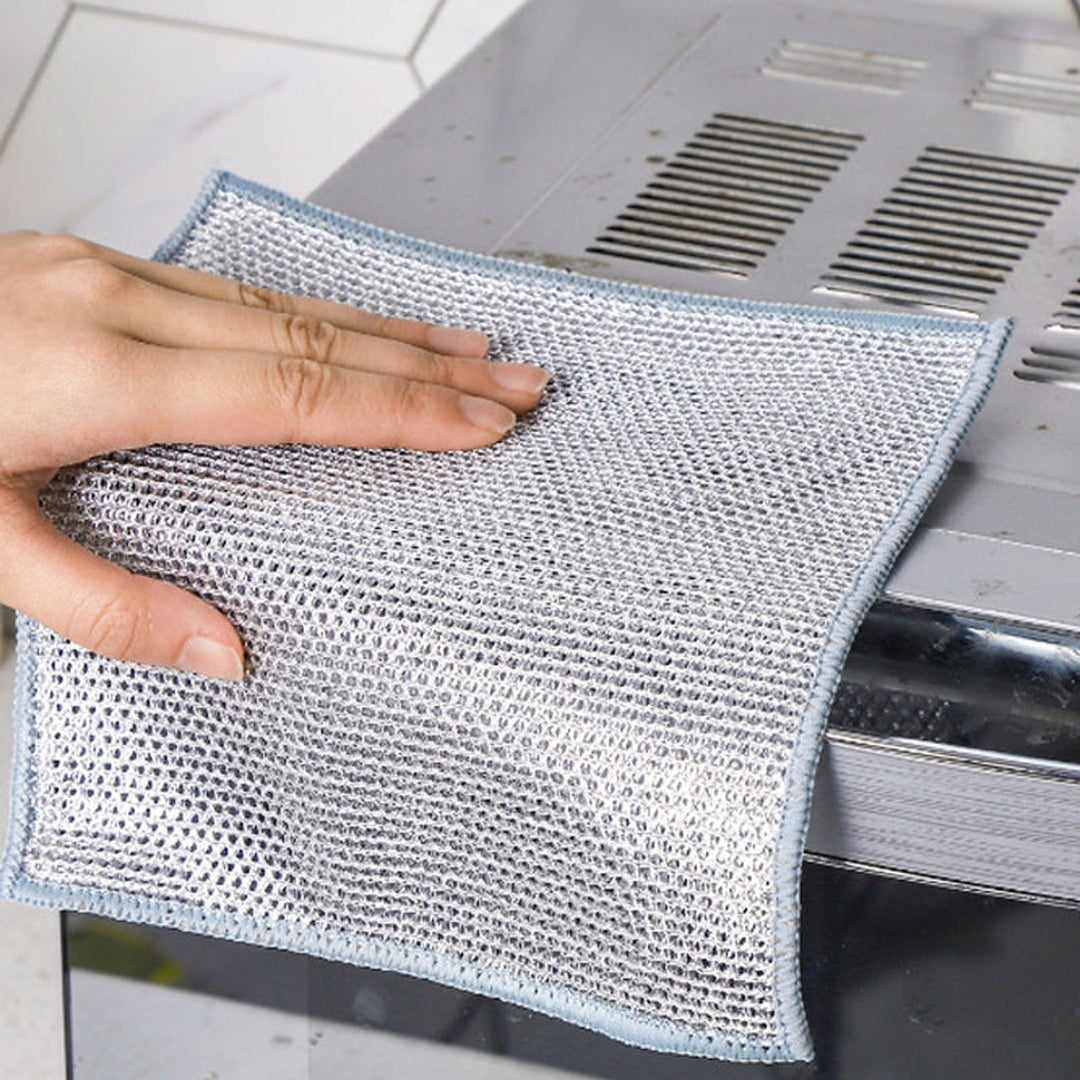 Zidello double layer dishwashing wire cleaning cloth, heavy-duty metal mesh scrubber for removing grease, stains, and tough dirt from kitchen utensils and sinks, durable and reusable cleaning tool.