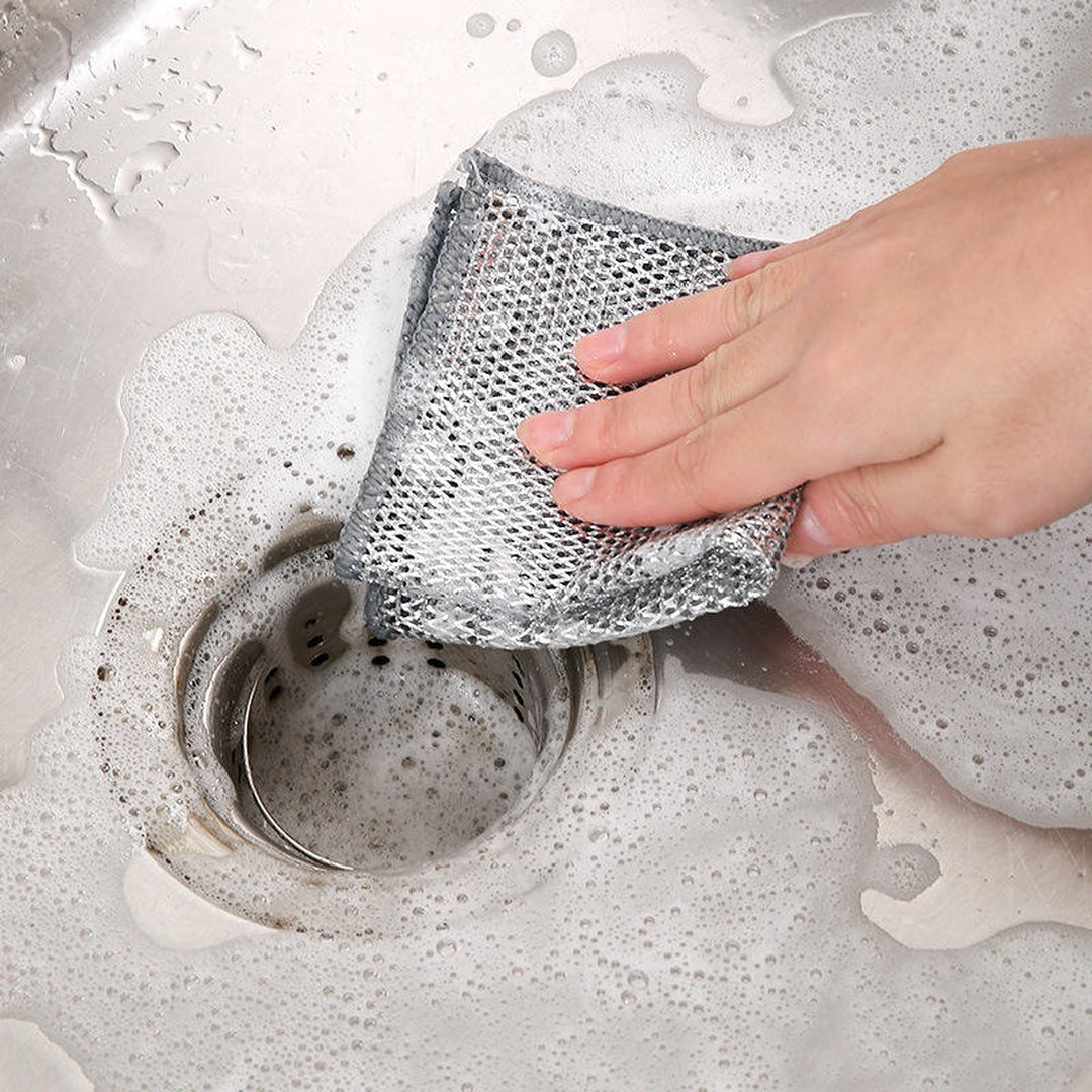 Zidello double layer dishwashing wire cleaning cloth, heavy-duty metal mesh scrubber for removing grease, stains, and tough dirt from kitchen utensils and sinks, durable and reusable cleaning tool.