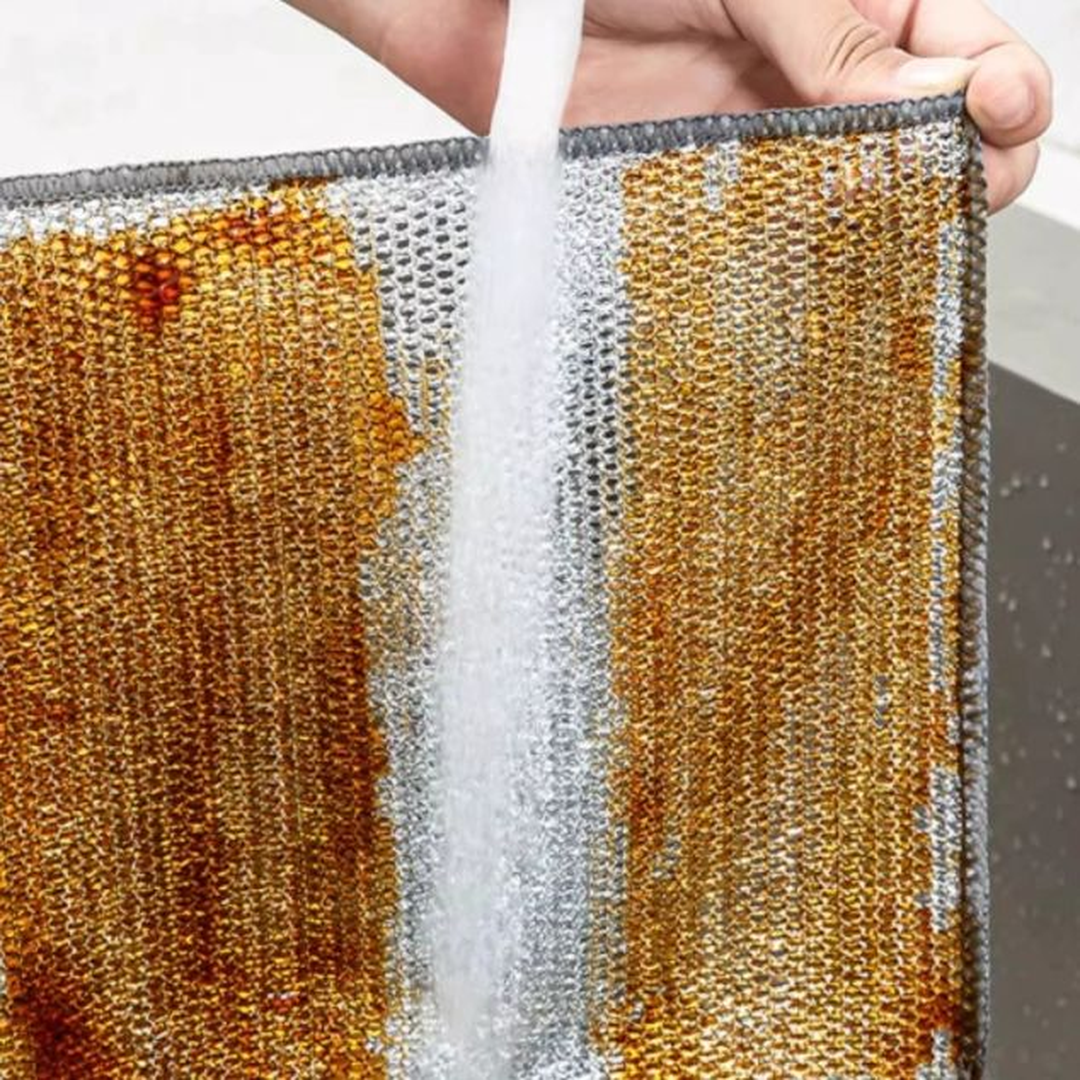 Zidello double layer dishwashing wire cleaning cloth, heavy-duty metal mesh scrubber for removing grease, stains, and tough dirt from kitchen utensils and sinks, durable and reusable cleaning tool.
