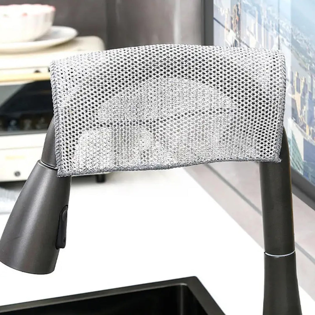 Zidello double layer dishwashing wire cleaning cloth, heavy-duty metal mesh scrubber for removing grease, stains, and tough dirt from kitchen utensils and sinks, durable and reusable cleaning tool.