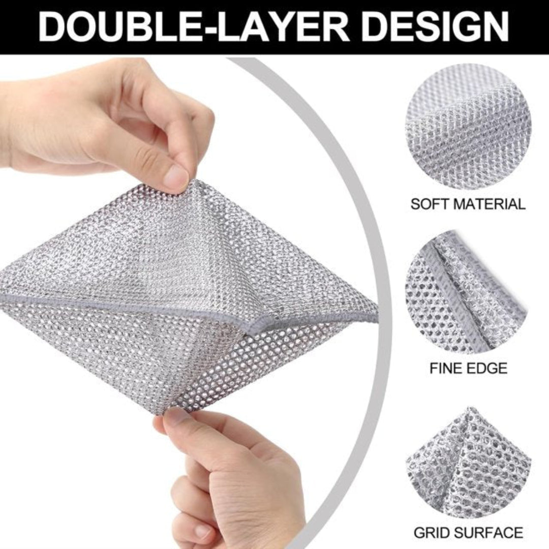 Zidello double layer dishwashing wire cleaning cloth, heavy-duty metal mesh scrubber for removing grease, stains, and tough dirt from kitchen utensils and sinks, durable and reusable cleaning tool.