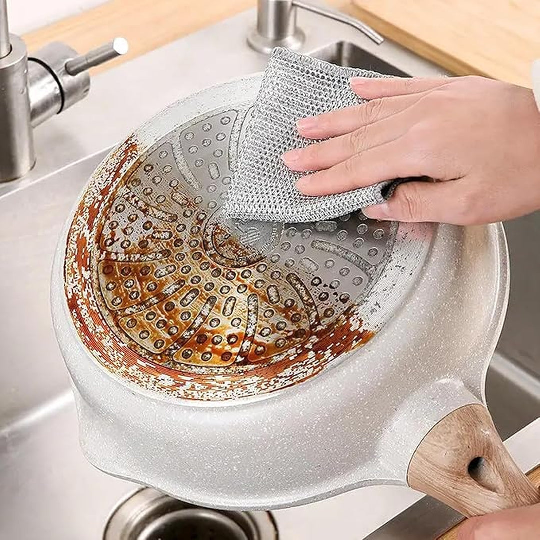 Zidello double layer dishwashing wire cleaning cloth, heavy-duty metal mesh scrubber for removing grease, stains, and tough dirt from kitchen utensils and sinks, durable and reusable cleaning tool.