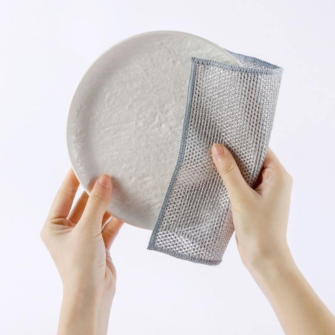 Zidello double layer dishwashing wire cleaning cloth, heavy-duty metal mesh scrubber for removing grease, stains, and tough dirt from kitchen utensils and sinks, durable and reusable cleaning tool.