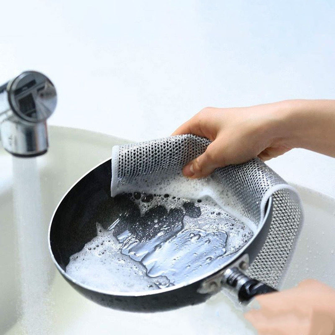 Zidello double layer dishwashing wire cleaning cloth, heavy-duty metal mesh scrubber for removing grease, stains, and tough dirt from kitchen utensils and sinks, durable and reusable cleaning tool.
