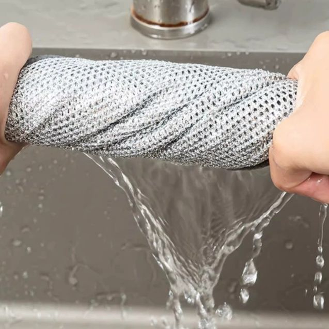 Zidello double layer dishwashing wire cleaning cloth, heavy-duty metal mesh scrubber for removing grease, stains, and tough dirt from kitchen utensils and sinks, durable and reusable cleaning tool.