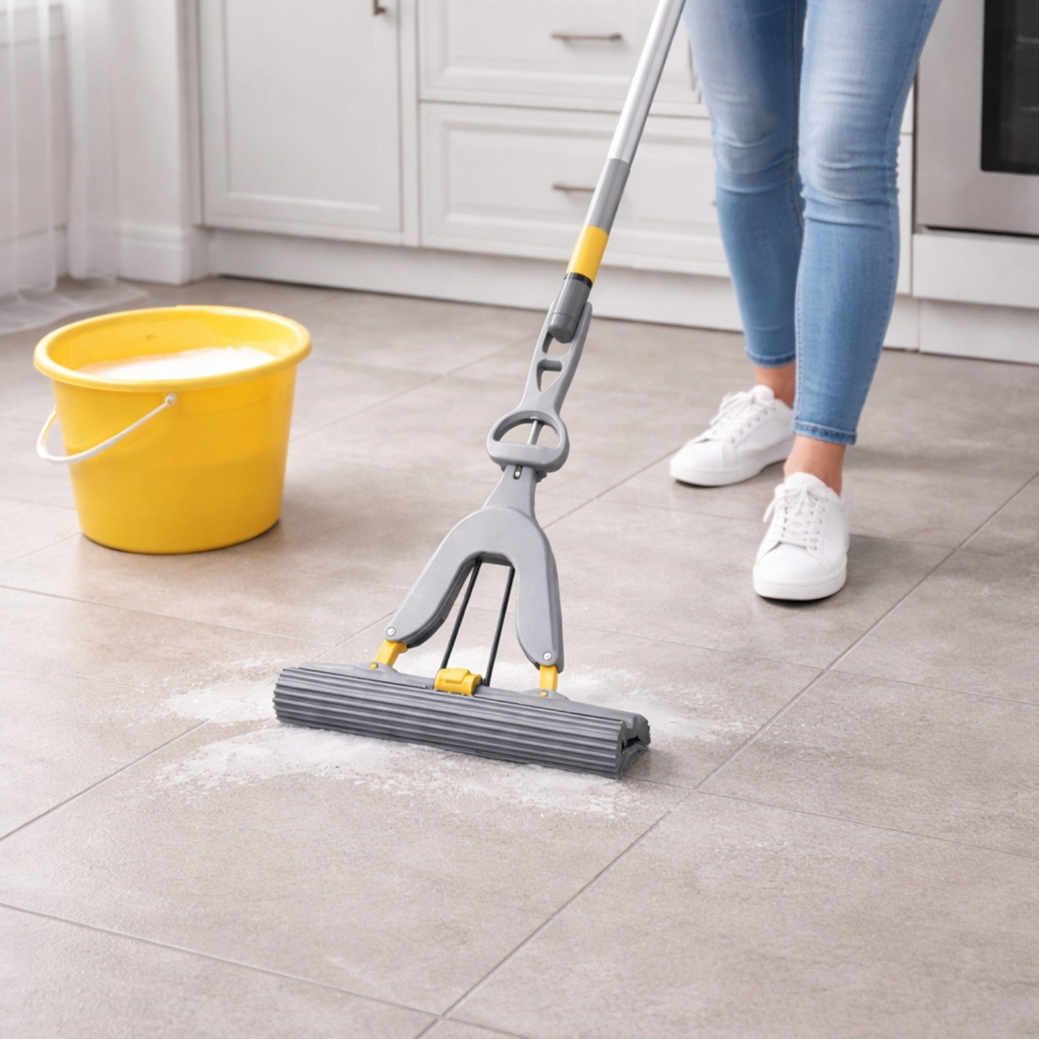 Zidello Double Squeeze Floor Sponge Mop – Hands-Free Cleaning Mop with Super Absorbent PVA Sponge for Home, Kitchen, and Office Floors