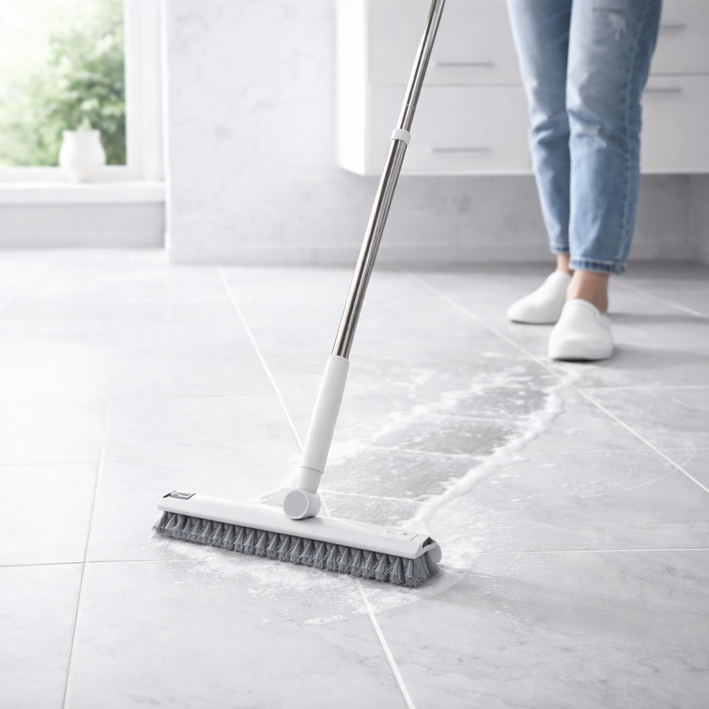 Zidello folding cleaning brush set with adjustable long handle floor scrubber cleaning tiled floor, heavy-duty bristles for deep home cleaning, ergonomic design for easy use on bathroom, kitchen, and hard surfaces.