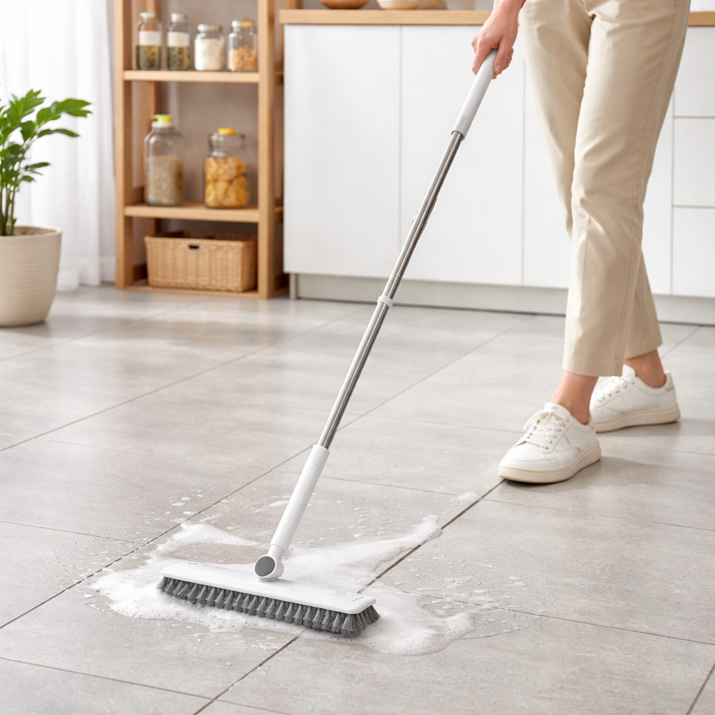 Zidello folding cleaning brush set with adjustable long handle floor scrubber cleaning tiled floor, heavy-duty bristles for deep home cleaning, ergonomic design for easy use on bathroom, kitchen, and hard surfaces.