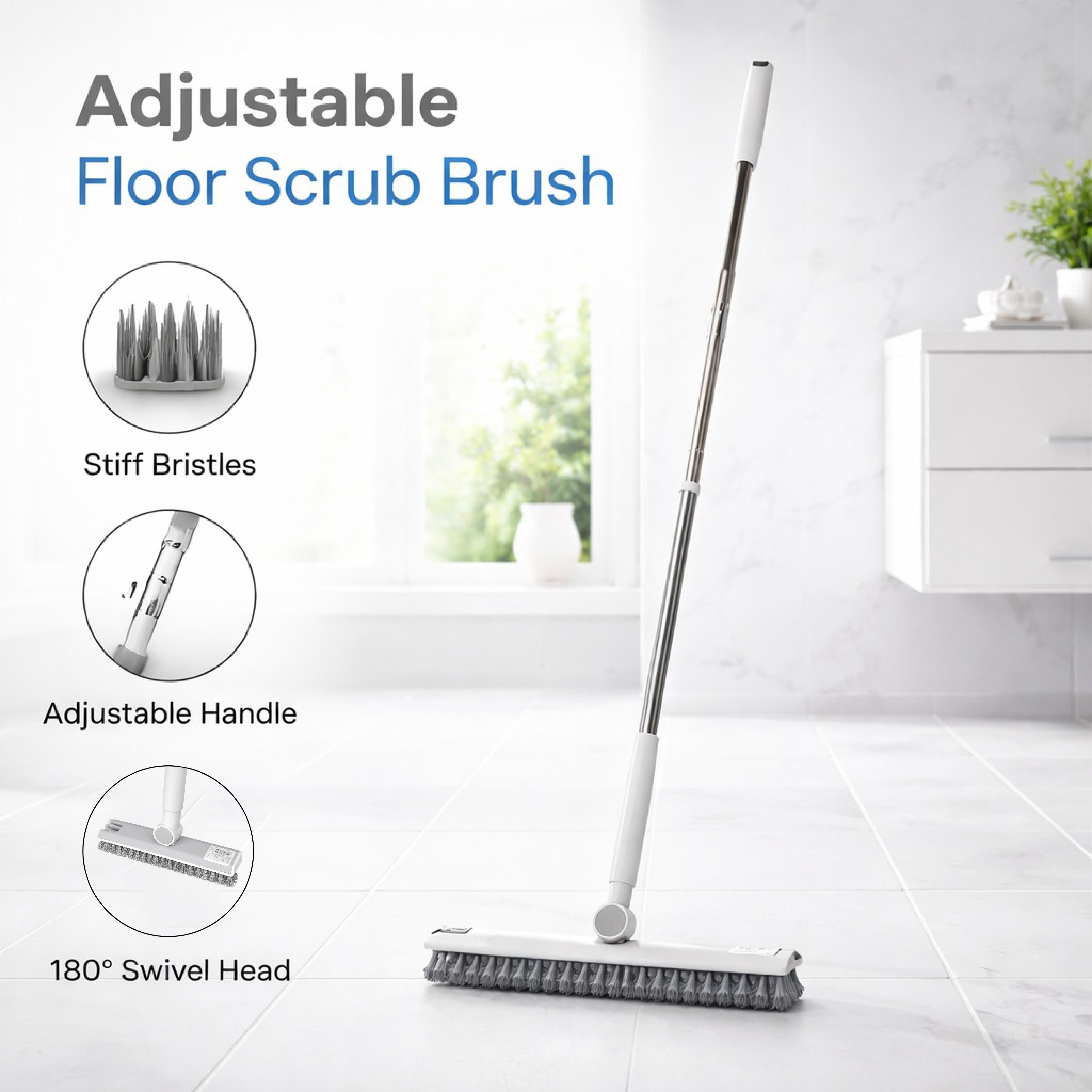 Zidello folding cleaning brush set with adjustable long handle floor scrubber cleaning tiled floor, heavy-duty bristles for deep home cleaning, ergonomic design for easy use on bathroom, kitchen, and hard surfaces.
