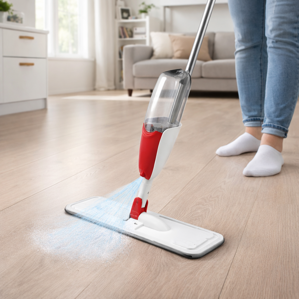 Zidello heavy-duty spray mop with refillable water bottle and flat microfiber mop head spraying cleaning solution on a wooden floor for easy home floor cleaning.
