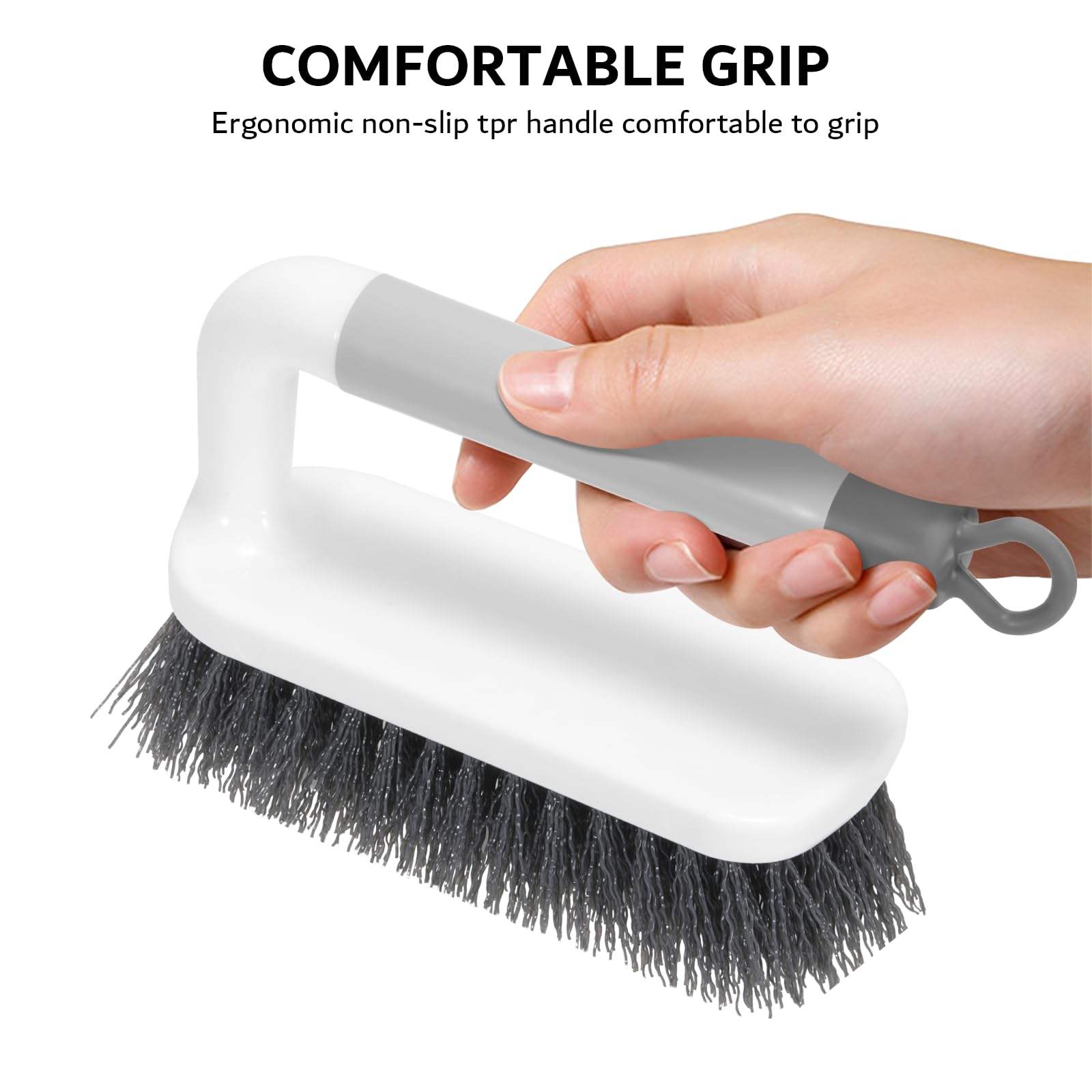 Zidello ergonomic handle cleaning brush with loop grip, heavy-duty bristles for deep scrubbing of tiles, sinks, and bathroom surfaces with effective foam cleaning.