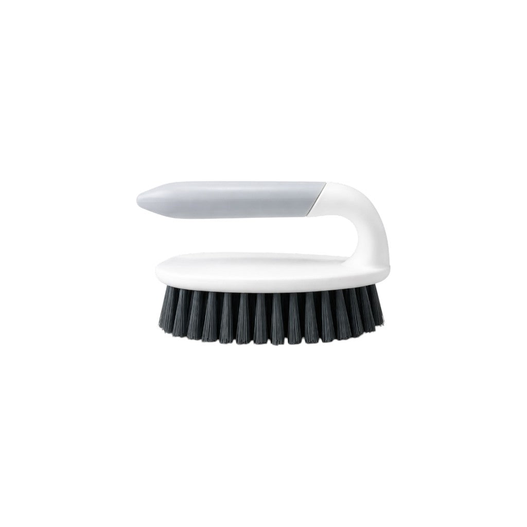 Zidello Premium Iron Scrub Brush with durable stiff bristles cleaning dirty tiled floor grout, ergonomic non-slip handle for deep cleaning bathrooms, kitchens, and tough stains.
