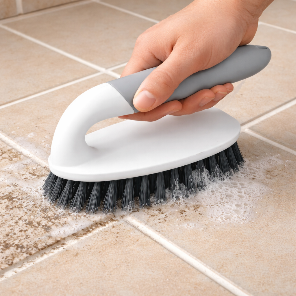 Zidello Premium Iron Scrub Brush with durable stiff bristles cleaning dirty tiled floor grout, ergonomic non-slip handle for deep cleaning bathrooms, kitchens, and tough stains.