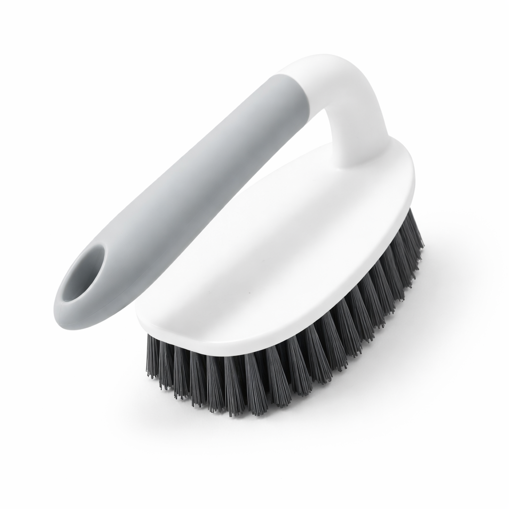 Zidello Premium Iron Scrub Brush with durable stiff bristles cleaning dirty tiled floor grout, ergonomic non-slip handle for deep cleaning bathrooms, kitchens, and tough stains.